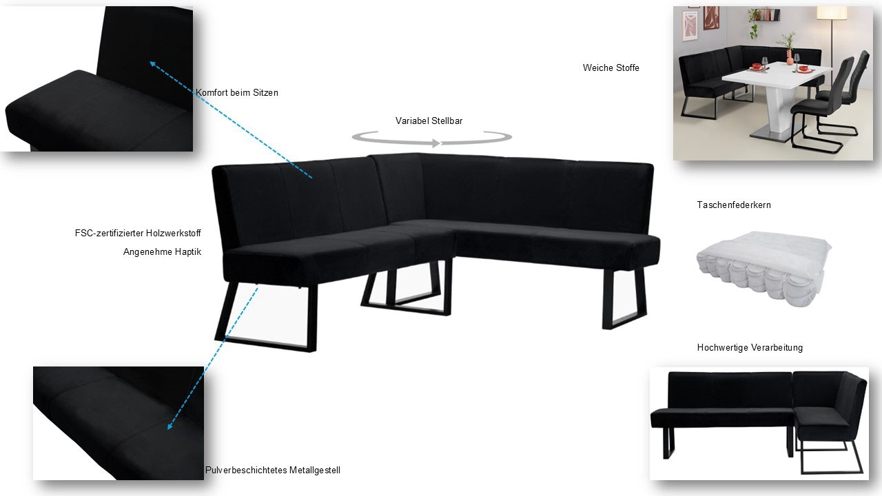 GOODproduct Banc d'angle »Gladiole,« Sitzbank, Esszimmerbank, Bank,  mit Taschenfederkern, schwarzes Metallgestell, Breite 190 cm