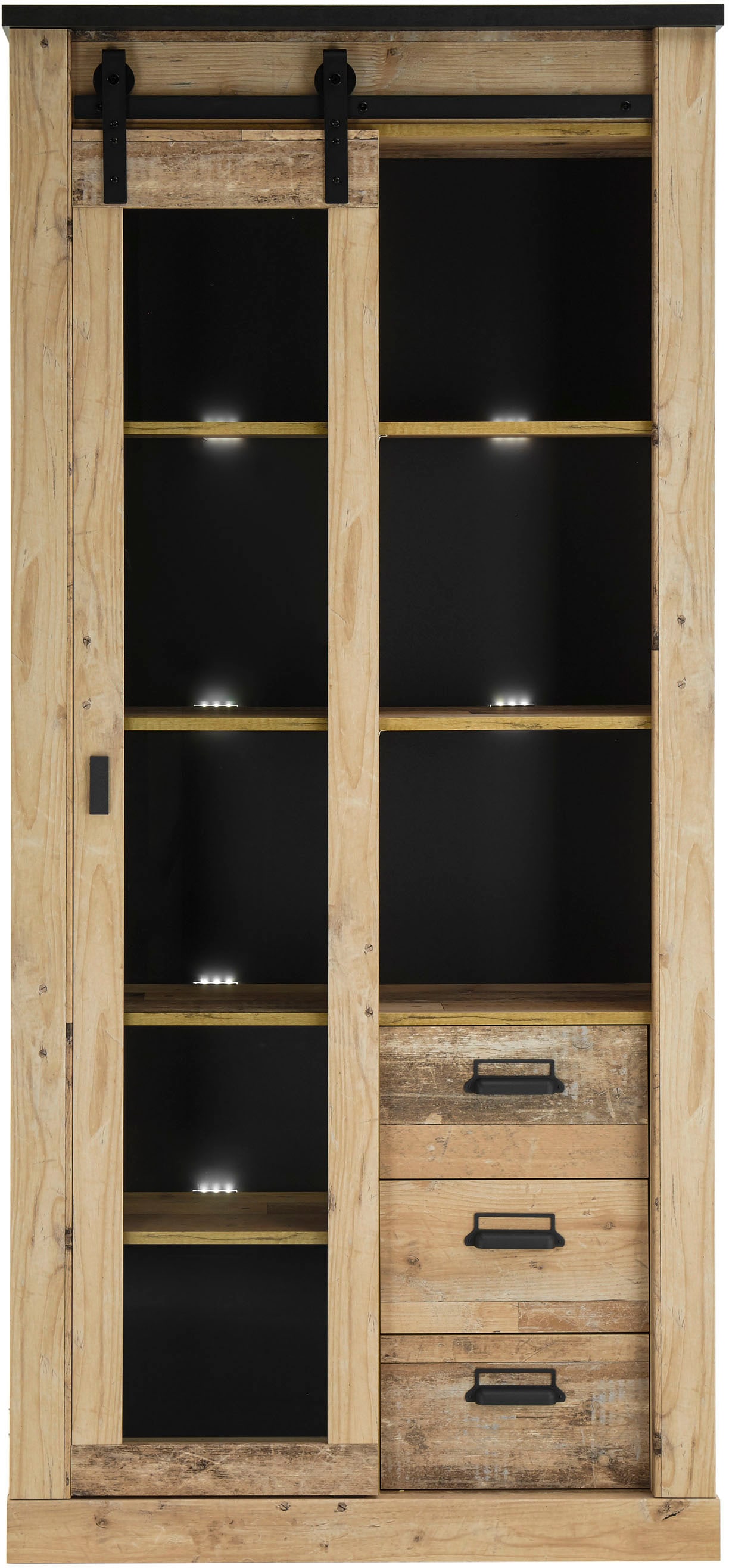 Home affaire Vitrine »Sherwood, Hochschrank im Industrial-Style, moderne Glasvitrine« Scheunentorbeschlag und Apothekergriffe aus Metall, Höhe 201 cm