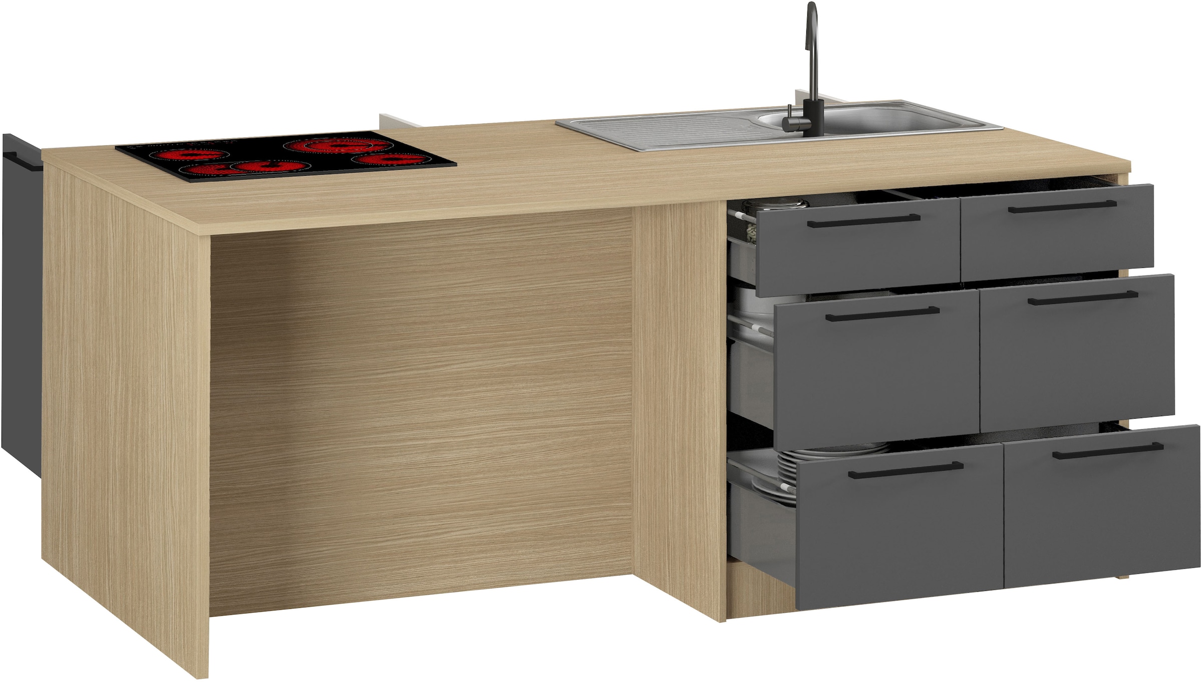 KOCHSTATION Kitchenette »Luna, Küchenblock, Kücheninsel, Hängeschrank, Made in Italy« 3er-Set, Metallgriffe, Soft-Close-Funktion, inklusive Spüle