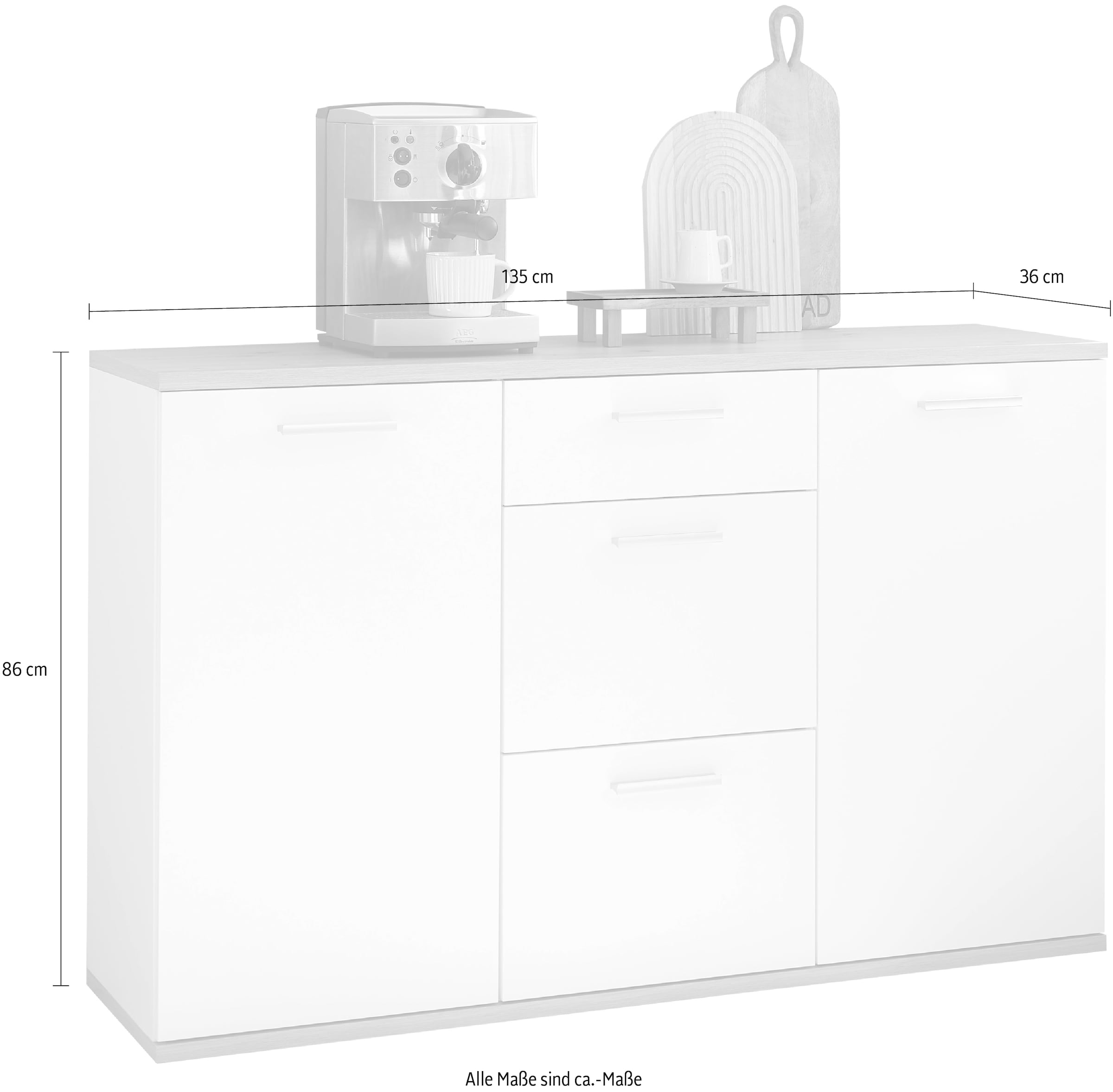 HBZ Kommode »BC1035 weiss matt, BxHxT 135x86x38 cm« Kommode mit 2 Türen, 3 Schubkästen, 2 Einlegeböden