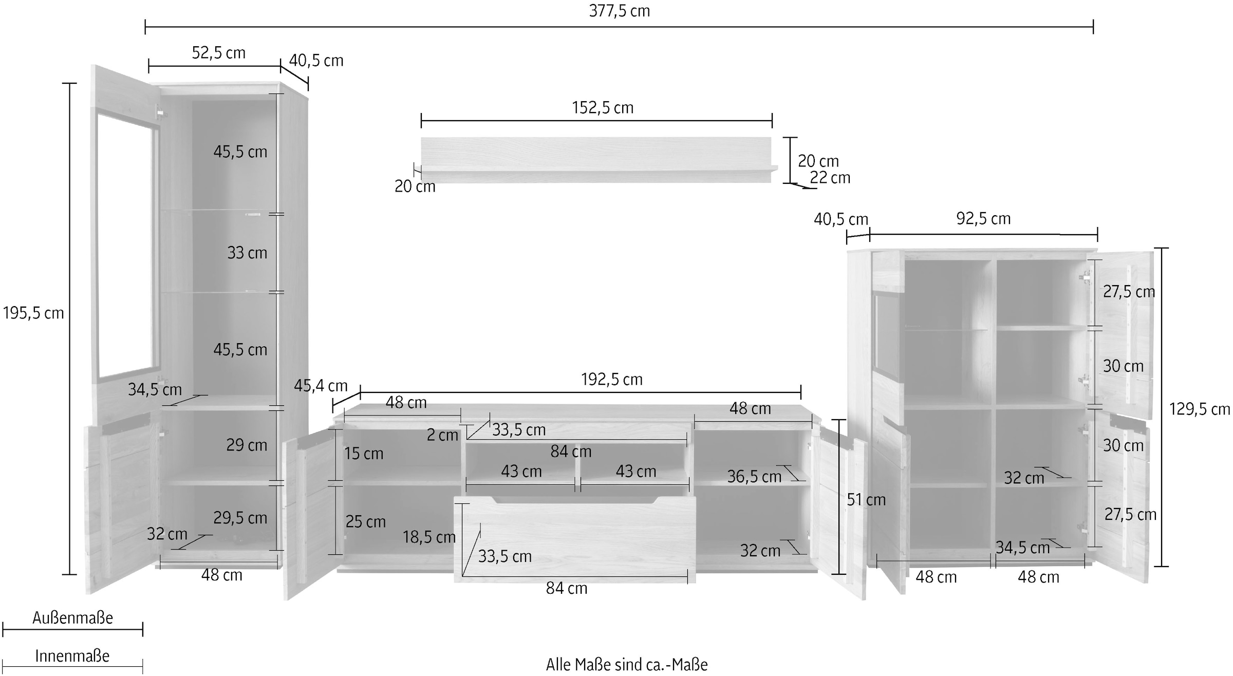 MCA living Wohnwand »Araya Wohnkombination II« Komplett-Set, optional: Glaskantenbeleuchtung, 4 Stk. tlg.