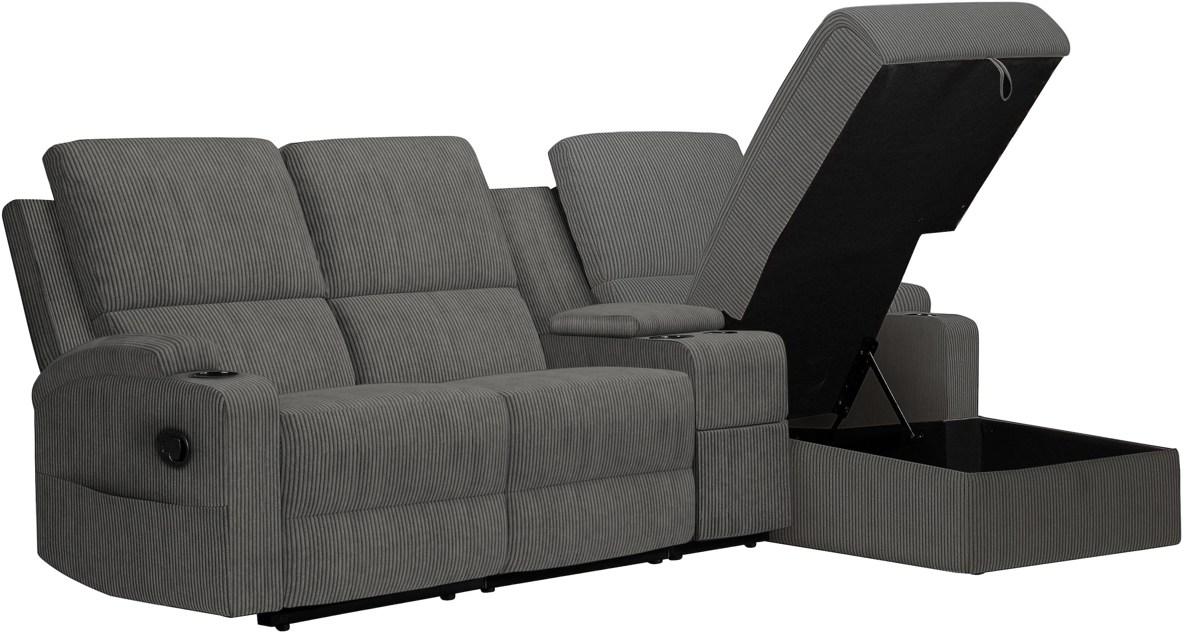 GOODproduct Ecksofa »NAPORI Multimediasofa, 3er Kinosessel XXL, L-Form, Cord« Kinosofa mit Relaxfunktion, Getränkehalter, Staufach und Staukasten