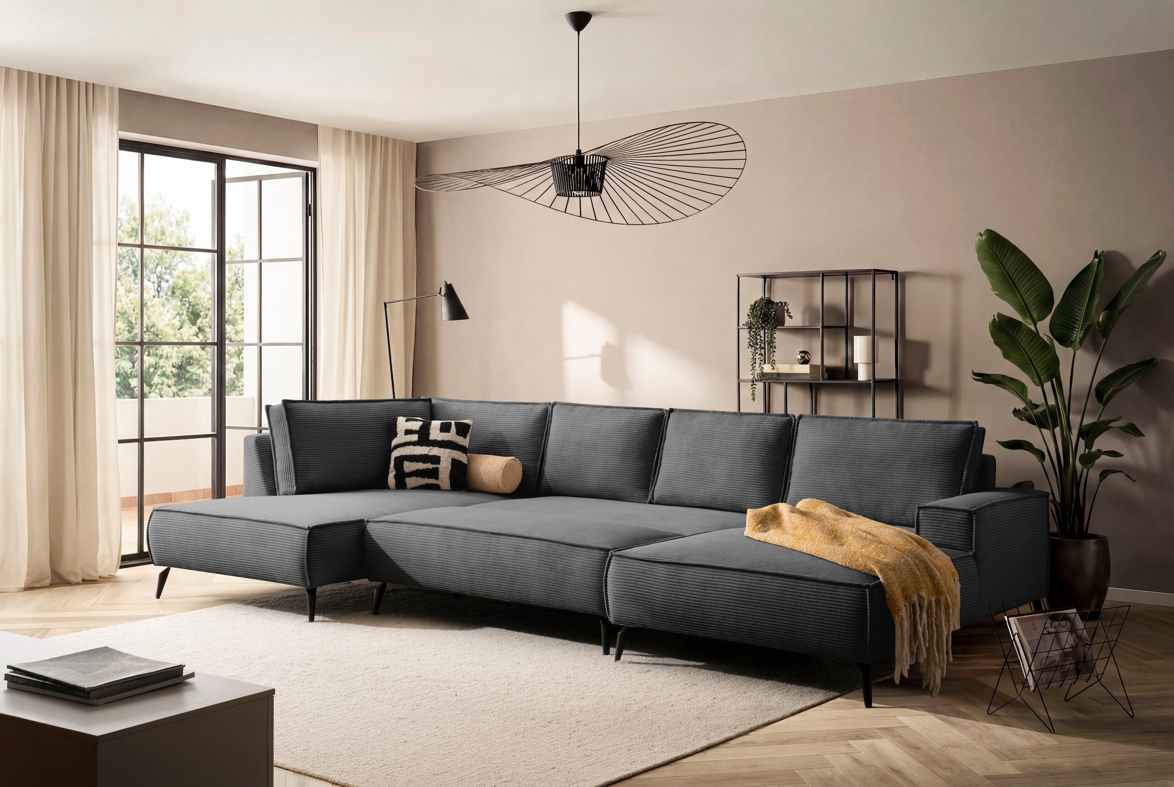 Home affaire Paysage de salon »mit Hocker, TVINNU, moderne U-Form in Cord oder Leinenoptik« Recamiere rechts/links, stellbar zum Schlafsofa (Krokodilverbinder)