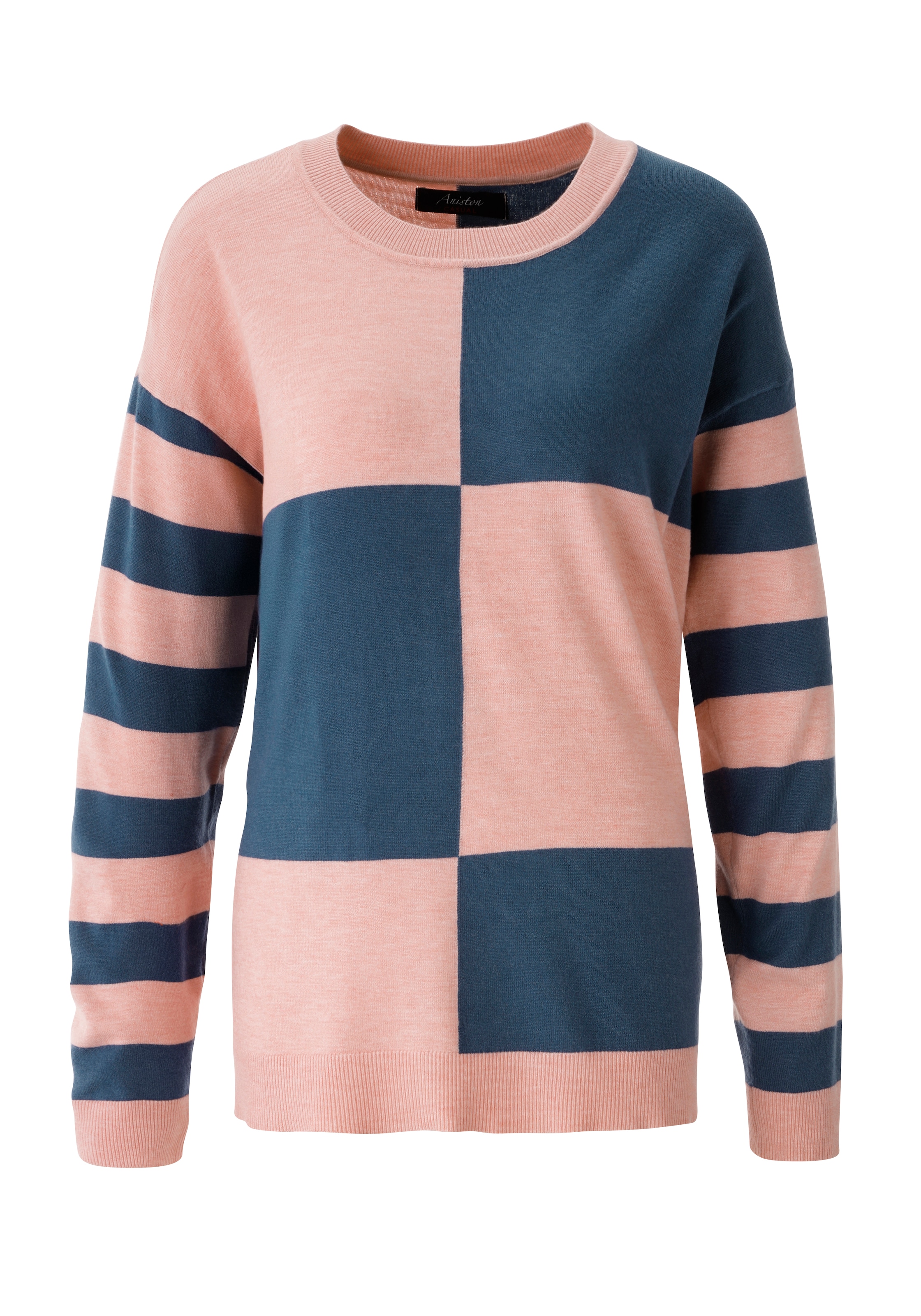 Aniston CASUAL Strickpullover mit grossflächigem Patchmuster und geringelten Ärmeln - NEUE KOLLEKTION