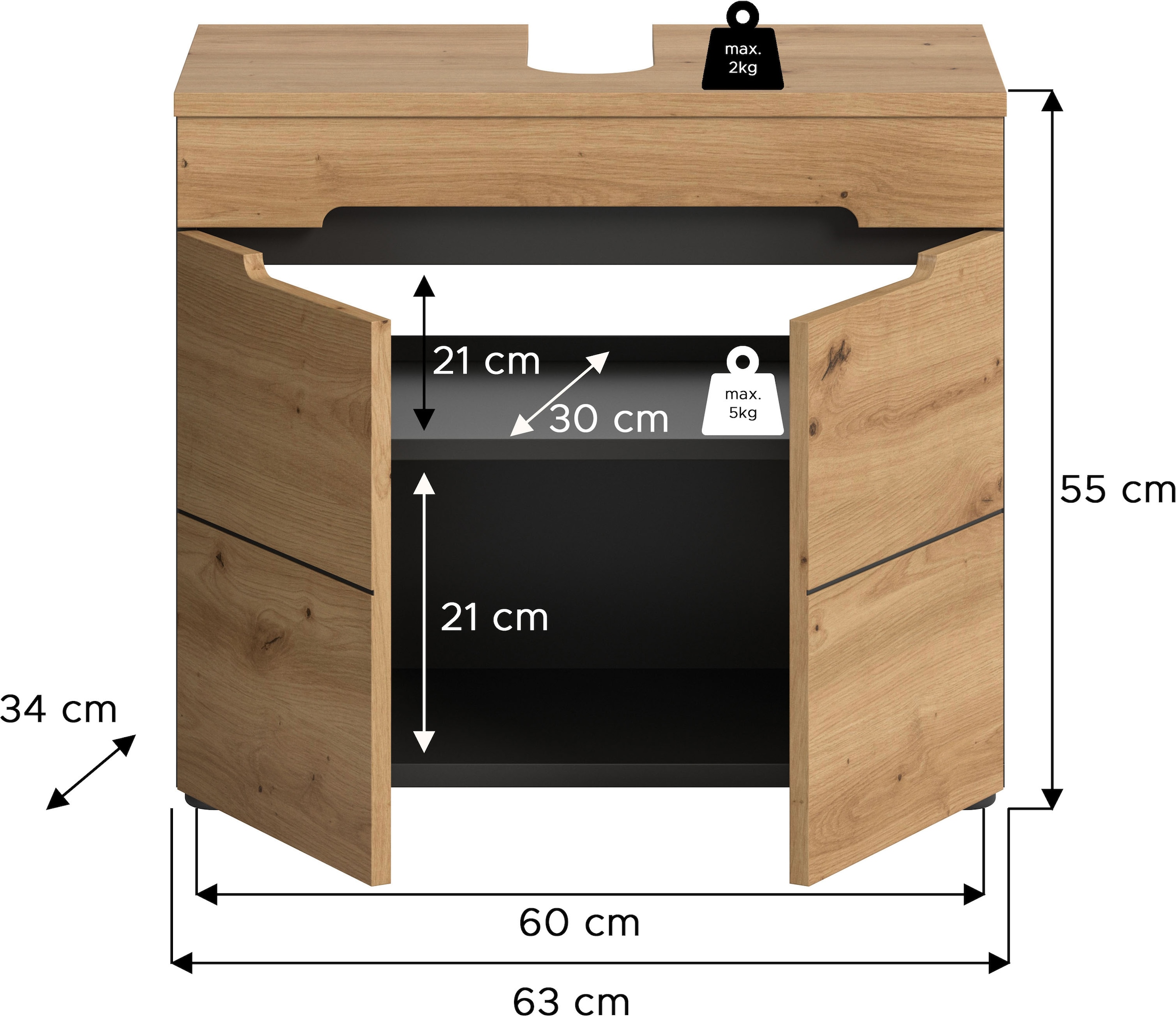 INOSIGN Waschbeckenunterschrank »REHAT, Breite 63 cm, 2 Türen, Einlegeboden, mit Siphonausschnitt« Soft-Close-Funktion, eingefasste Griffaussparung in der Front