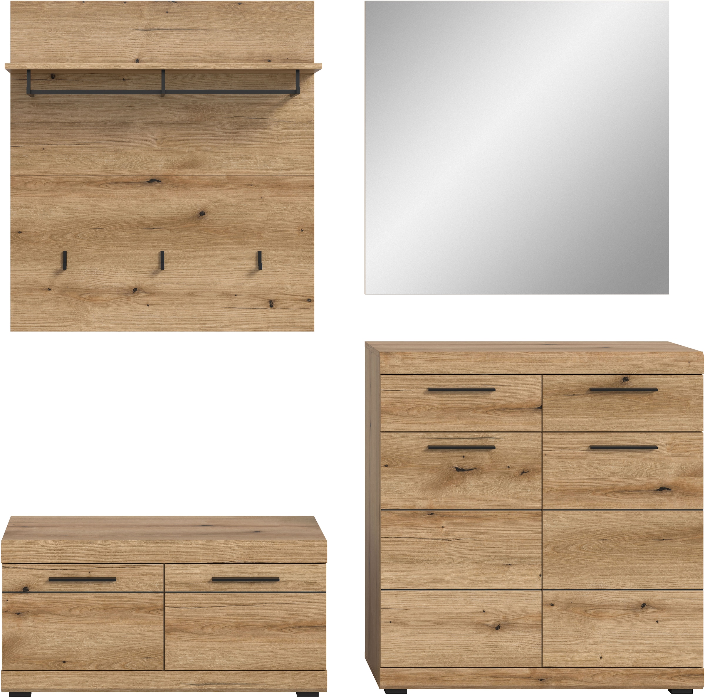 Home affaire Garderoben-Set »Siena, Fronten mit hochwertiger Rillenfräsung, 4-teilig,bestehend aus:« Komplett-Set, bestehend aus: Sitzbank, Garderobenpaneel, Schuhschrank und Spiegel, 4 Stk. tlg.