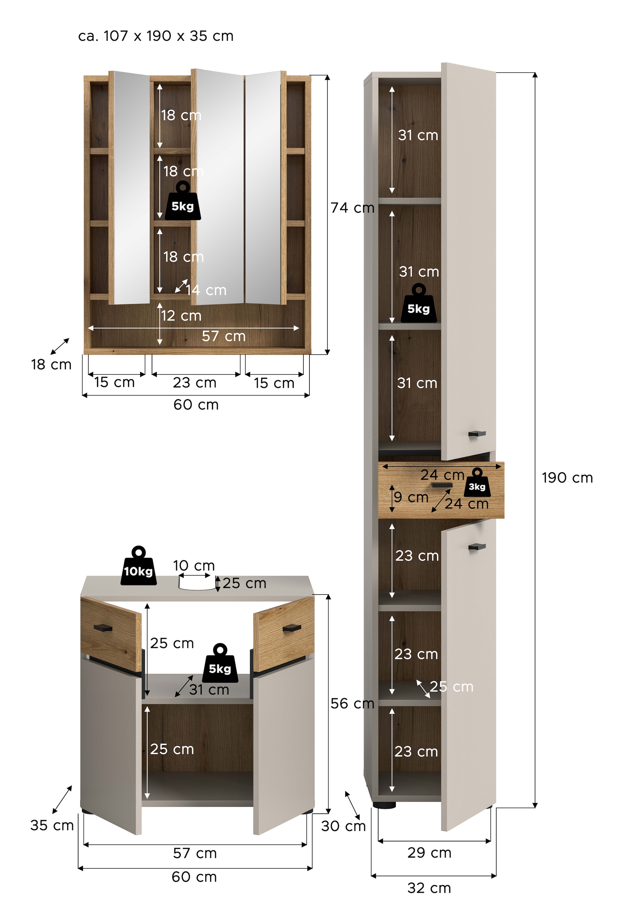 welltime Ensemble de meubles de salle de bain »VANN, 3-teilige moderne Badkombination, individuell stellbar« 1x Waschbeckenunterschrank, 1x Spiegelschrank, 1x Hochschrank, 3 cuis tlg.