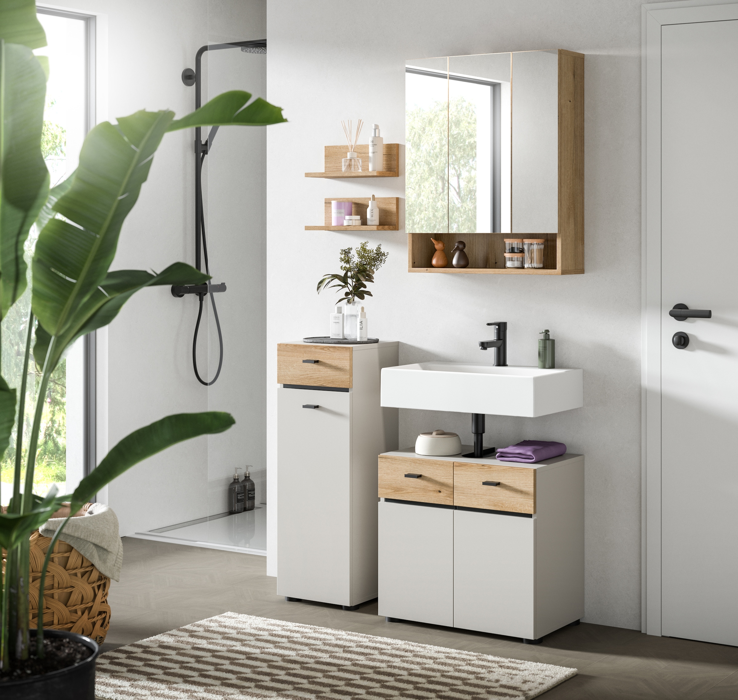 welltime Ensemble de meubles de salle de bain »VANN, 5-teilige moderne Badkombination, individuell stellbar« Midischrank, 2er Set Wandregal, Waschbeckenunterschrank,Spiegelschrank, 5 cuis tlg.