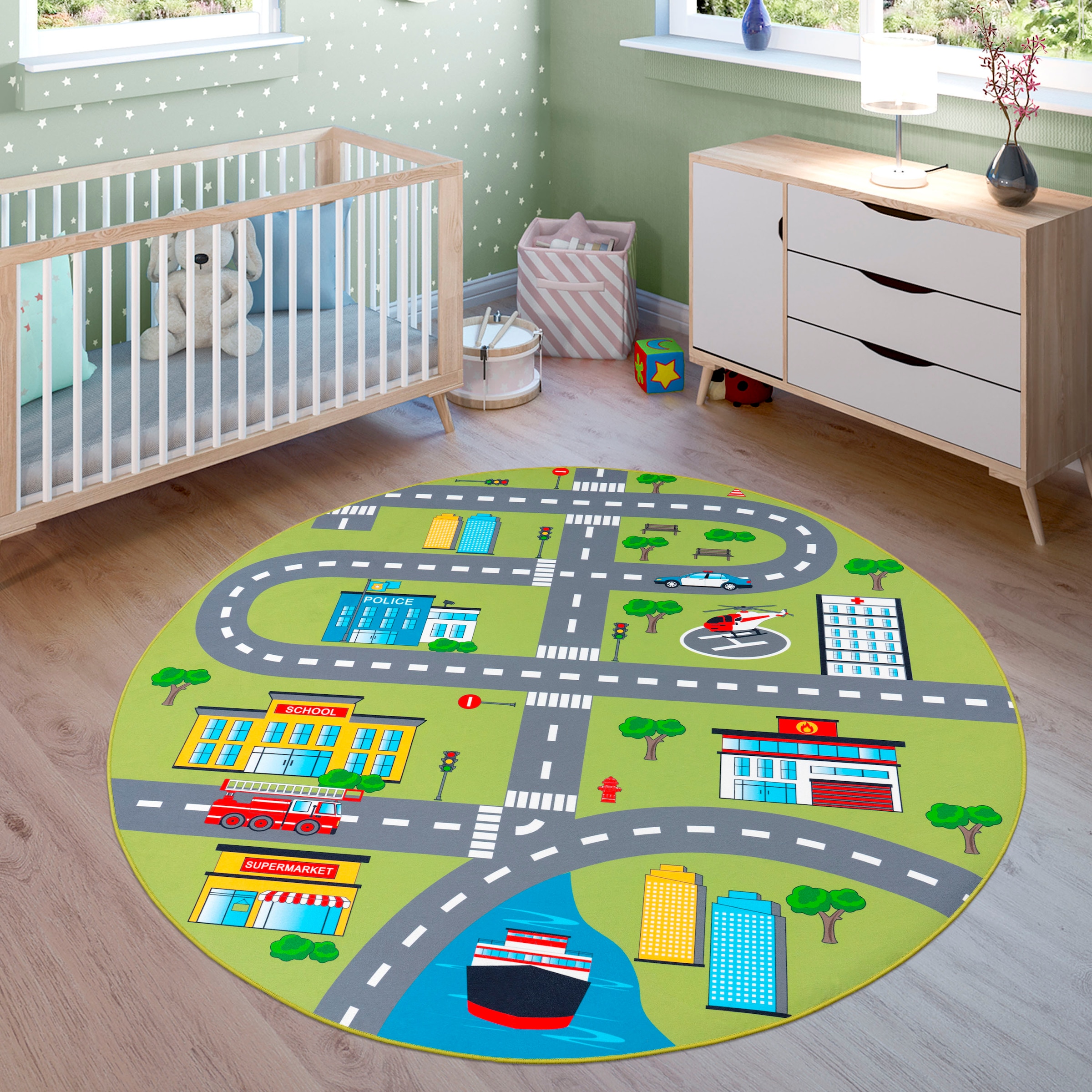 Paco Home Tapis pour enfants »Bino 570« Rond 4 mm Höhe Kurzflor, Strassen-Spiel-Teppich, Kinderzimmer