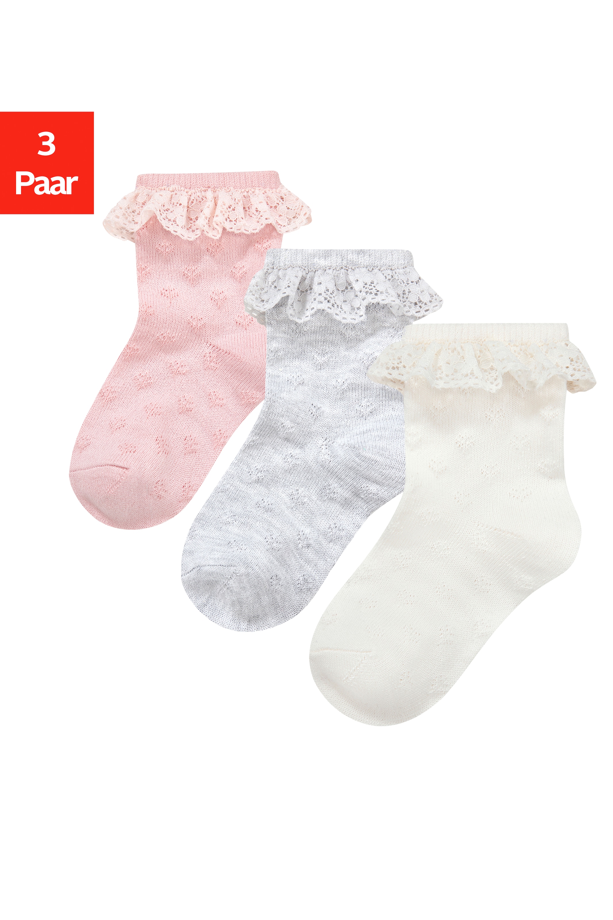 H.I.S Socken »Babysocken Ajour« Packung, 3 Paar tlg. mit feinem Ajour Strickmuster und kleiner Rüsche