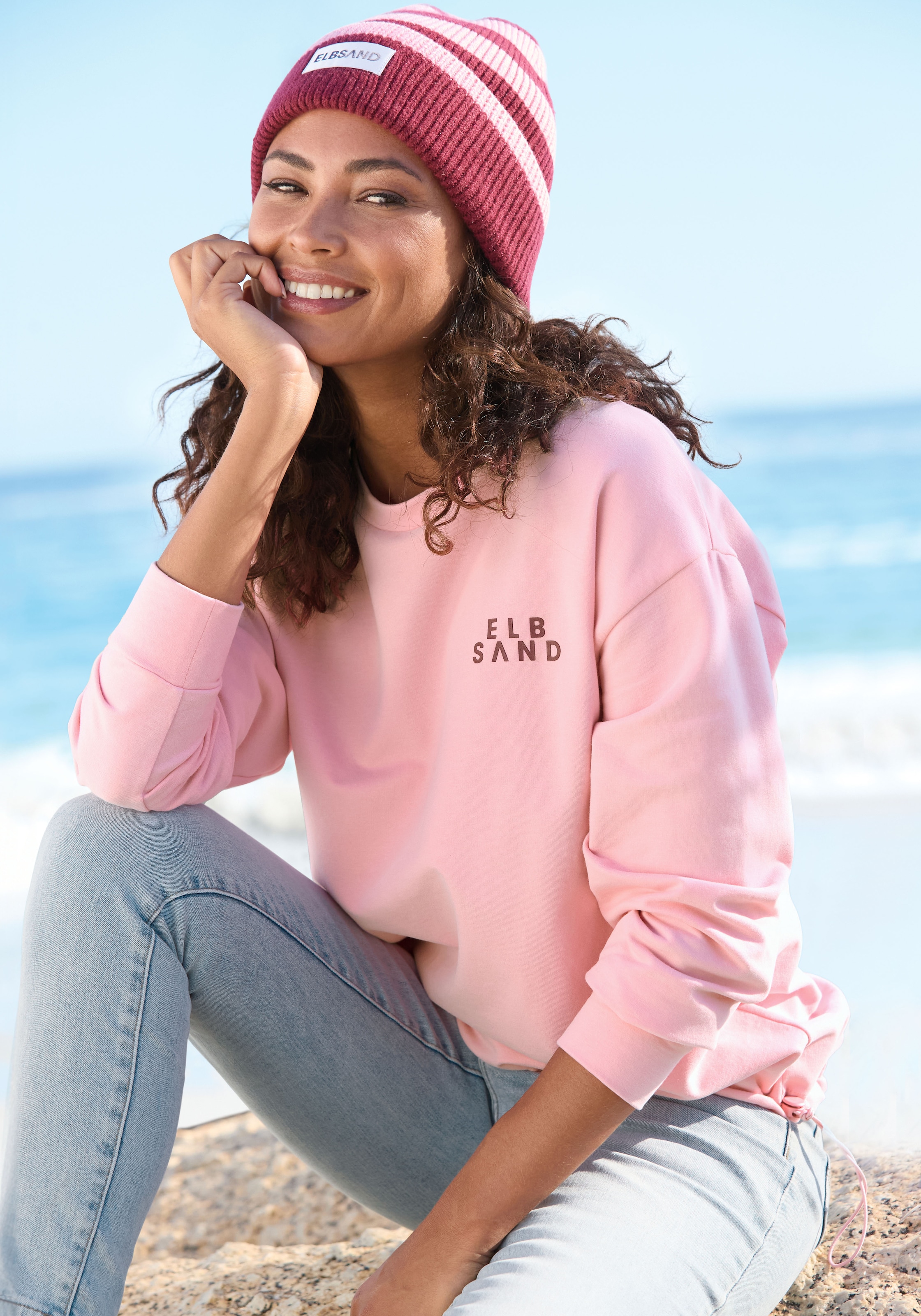 Elbsand Strickmütze Beanie, Wintermütze, Mütze, Grobstrick mit Umschlag, Viskose