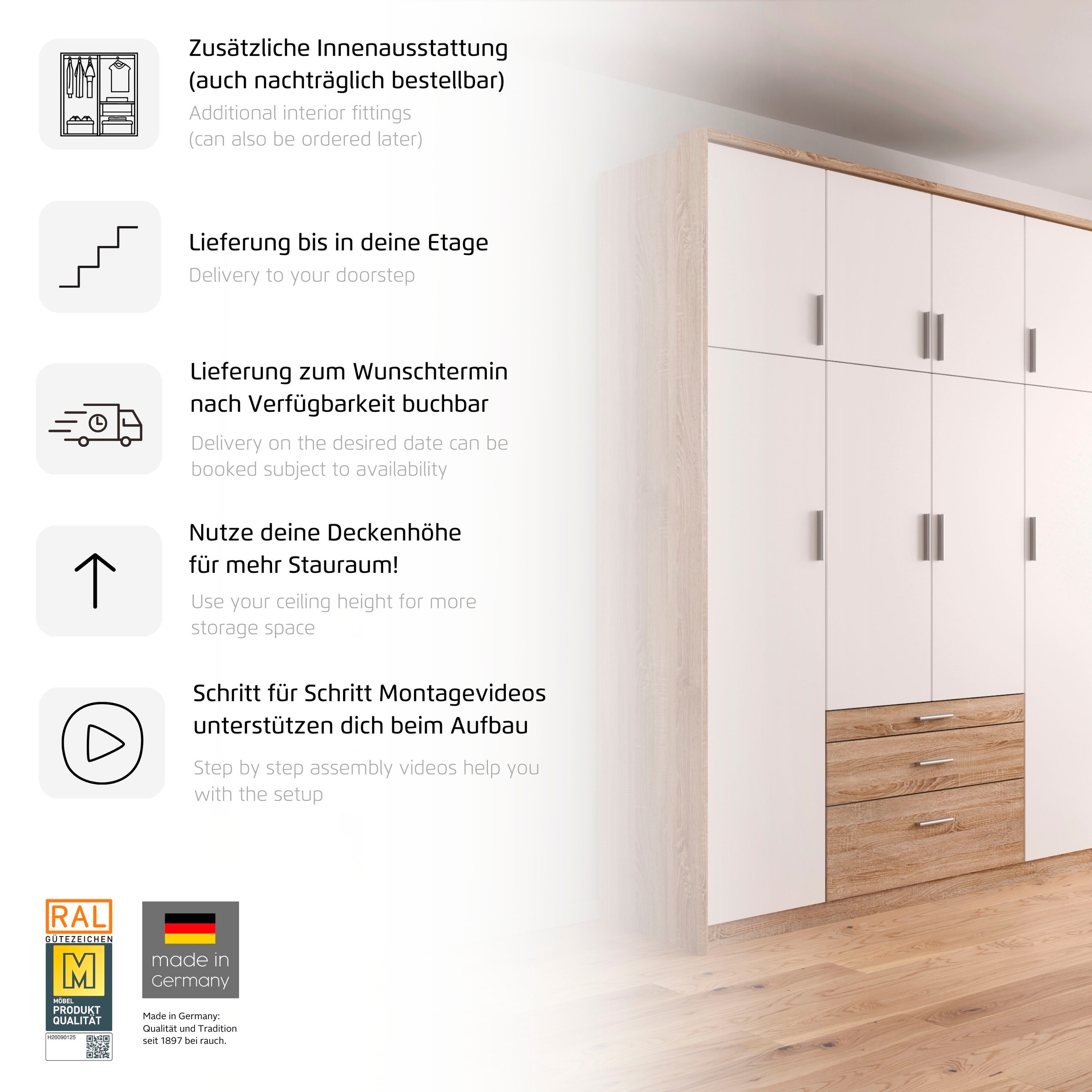rauch Kleiderschrank »Schrank Drehtürenschrank Garderobe Ankleide Schlafzimmer HILDESHEIM« Breiten: 185/275 cm, Höhe 231 cm,  oberste Schublade mit praktischer Facheinteilung MADE IN GERMANY