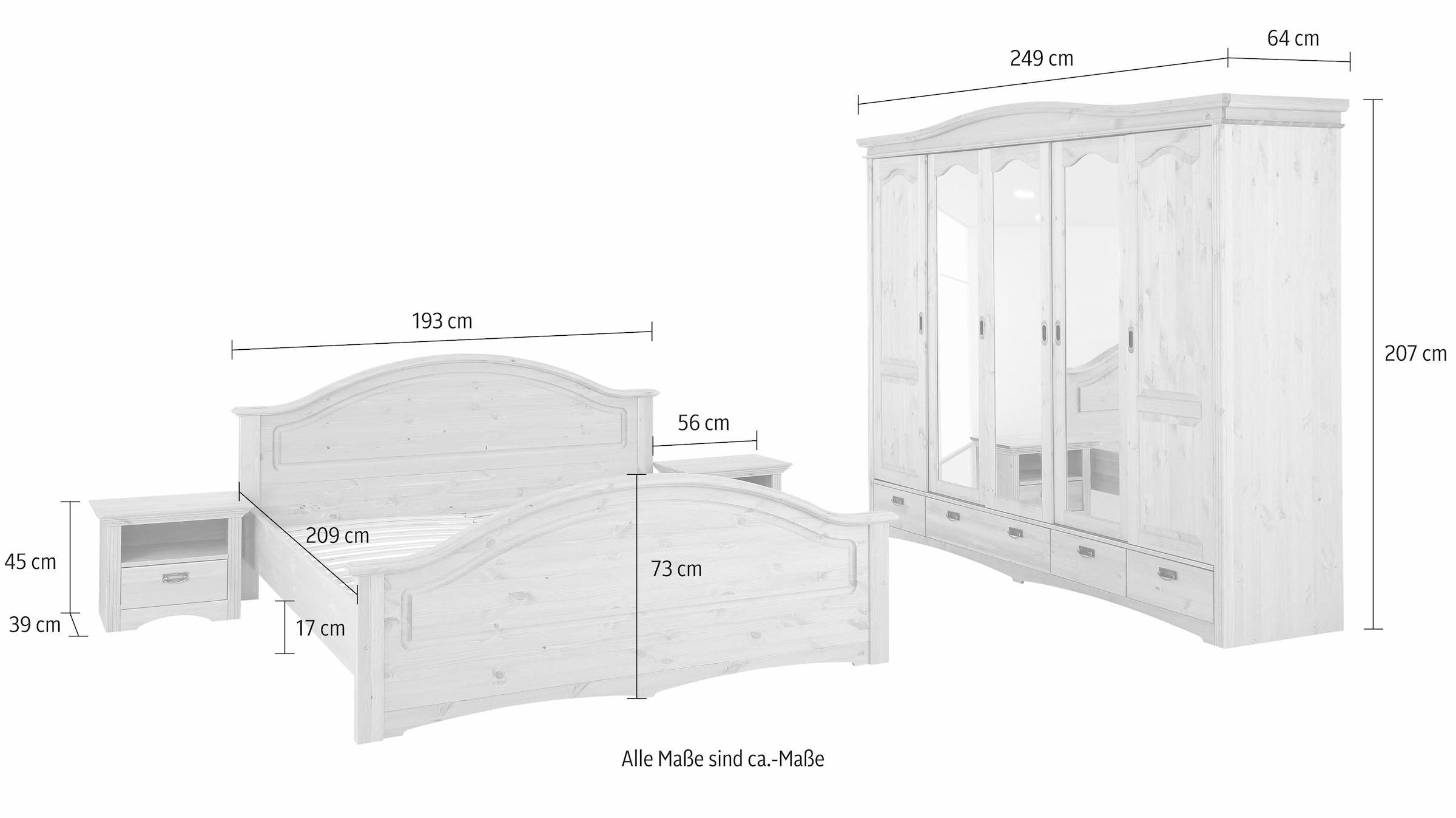 GOODproduct Schlafzimmer-Set »"Konrad", komplettes Schlafzimmer mit grossem Schrank« Set, Kleiderschrank 5 türig mit Schubladen, 2 Nachttische, Bett 180x200cm, 4 Stk. tlg. klassischer Landhausstil, Metallgriffe, Massivholz (Kiefer)