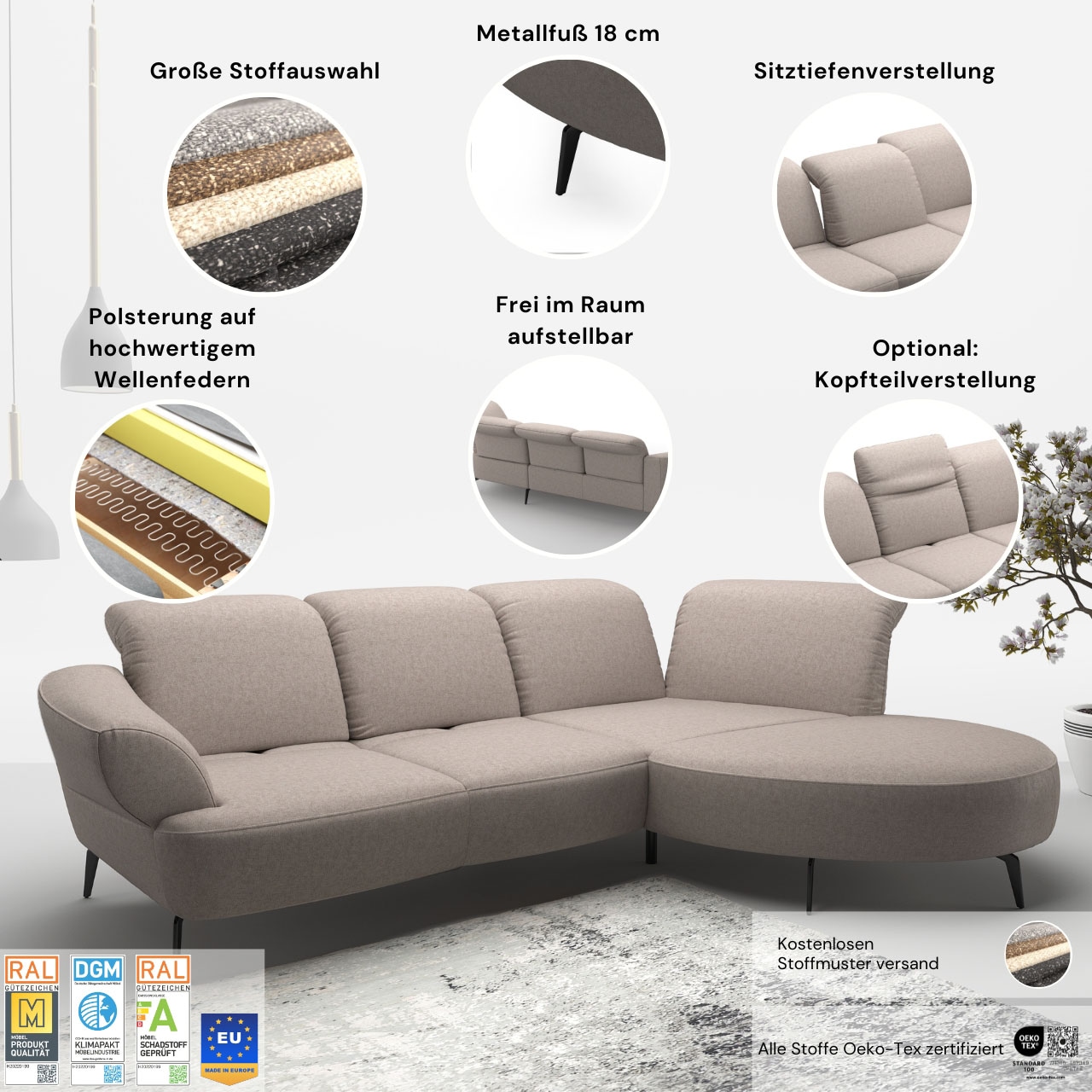 sit&more Canapé d'angle »Dance, L-Form, inkl. Sitztiefenverstellung« inkl. Click&Seat, optional mit Kopfteilverstellung