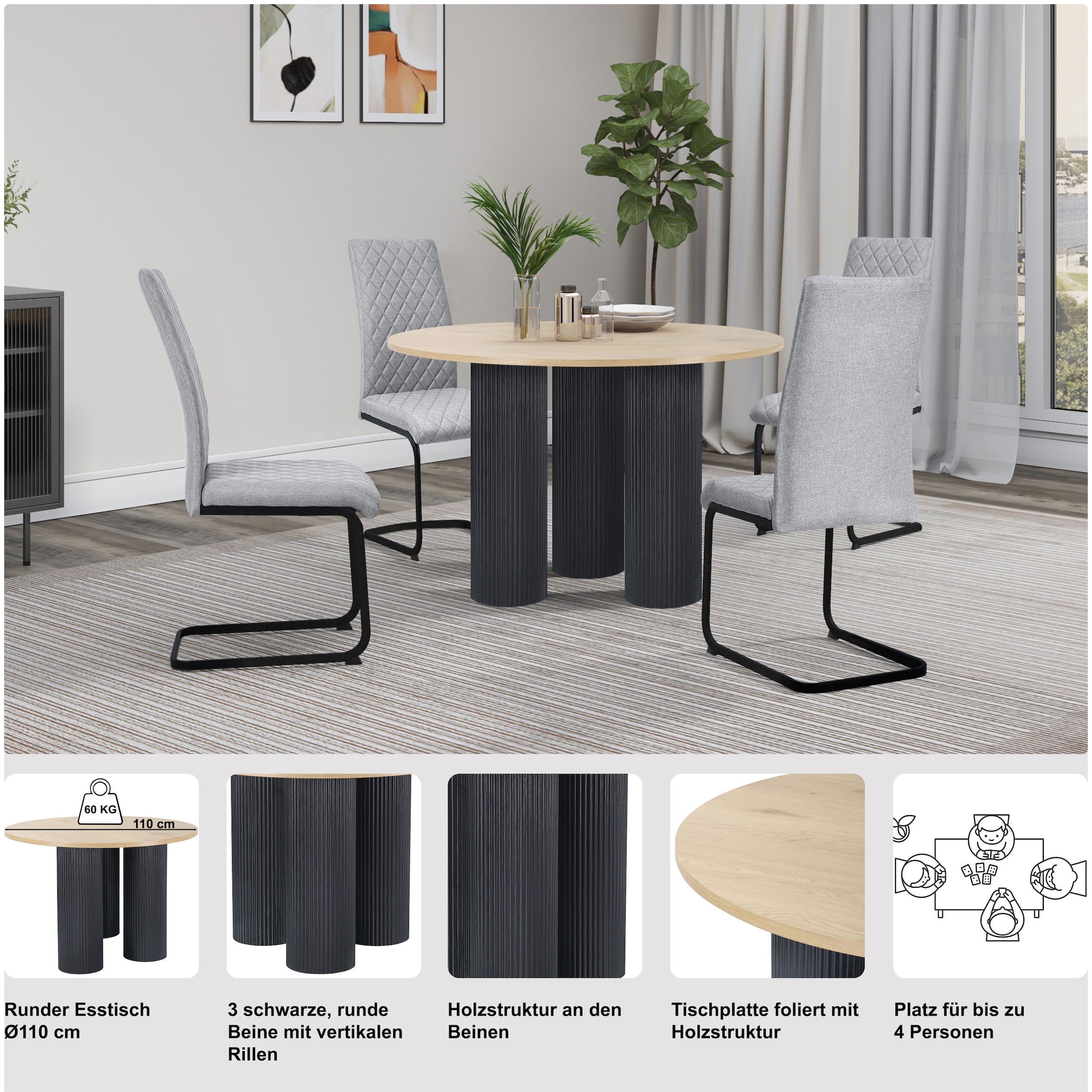 GOODproduct Table de salle à manger »Mandan« rund, 110x110 cm, 25 cm runde Beine mit Rillenstruktur, Höhe 76 cm