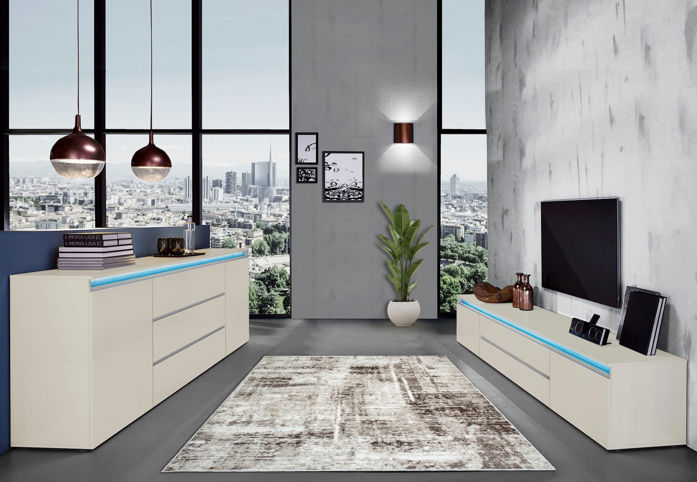 Home affaire Buffet »Magic, Kommode, Schrank, Stauraumschrank« Hochwertiger Aluminiumgriff, 2 Türen, 3 Schubkästen,B/T/H 240×40×81 cm