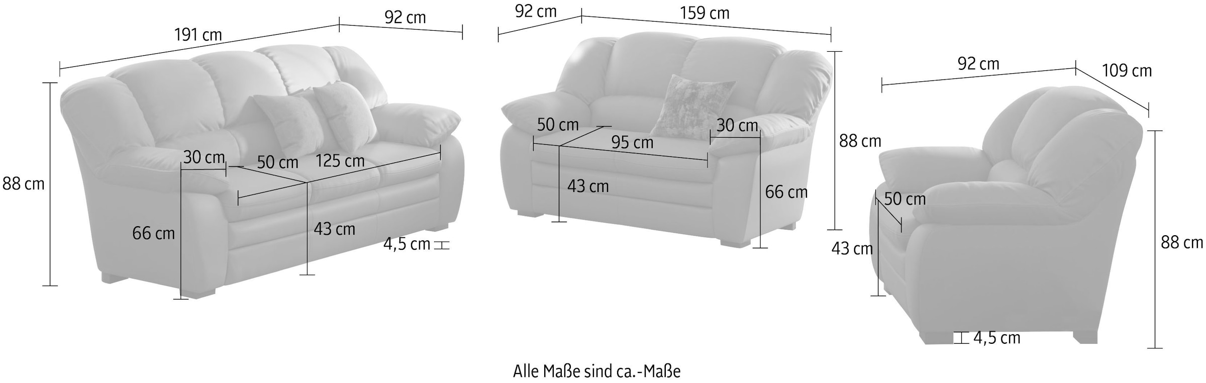 COTTA Ensemble rembourré »Casino, Sofa Set, 3-2-1 Sitzer, Wohnzimmer Garnitur« Set, 3 tlg. Sessel, 2-Sitzer, 2,5-Sitzer, hohe Rückenlehne