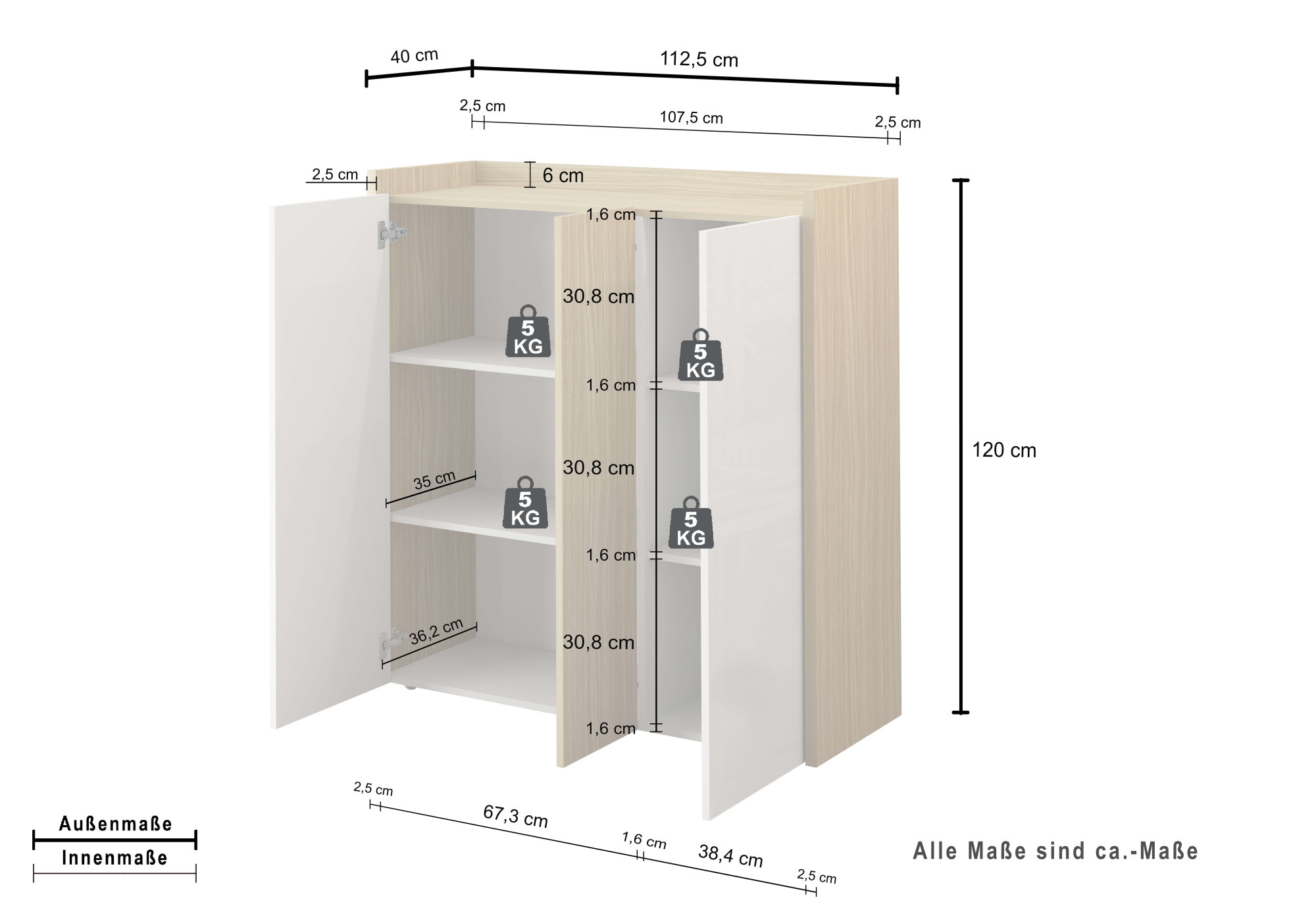 GOODproduct Buffet haut »Highboard ALTEA, Kommode, Schrank, Kredenz« 1 cuis tlg. avec 3 portes battantes, 6 compartiments intérieurs, L.112,5 cm