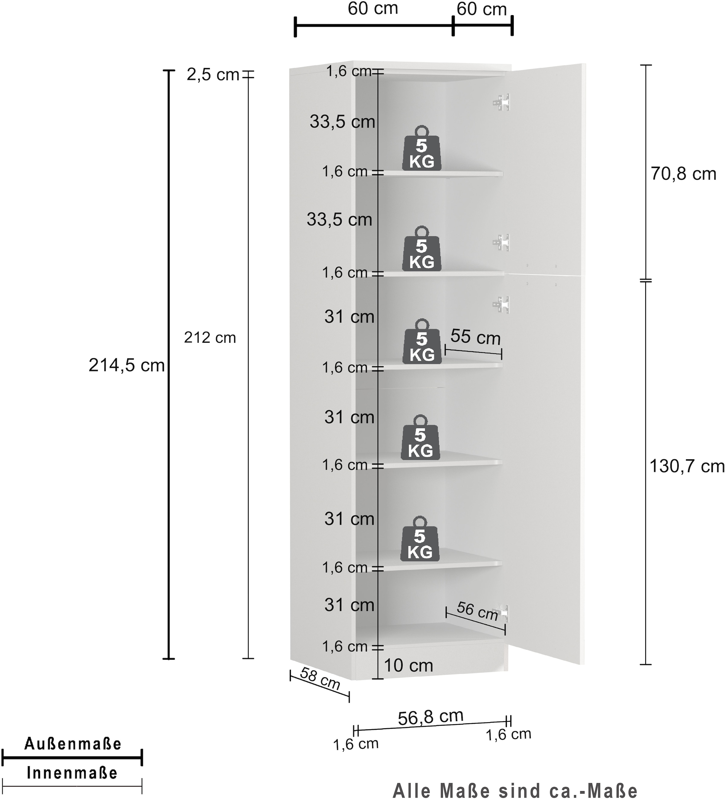 KOCHSTATION Vorratsschrank »Luna, Hochschrank, Küchenvorratsschrank, Speiseschrank, Made in Italy« B/T/H: 60×60×214,5 cm, mit 6 grosszügigen Fächern