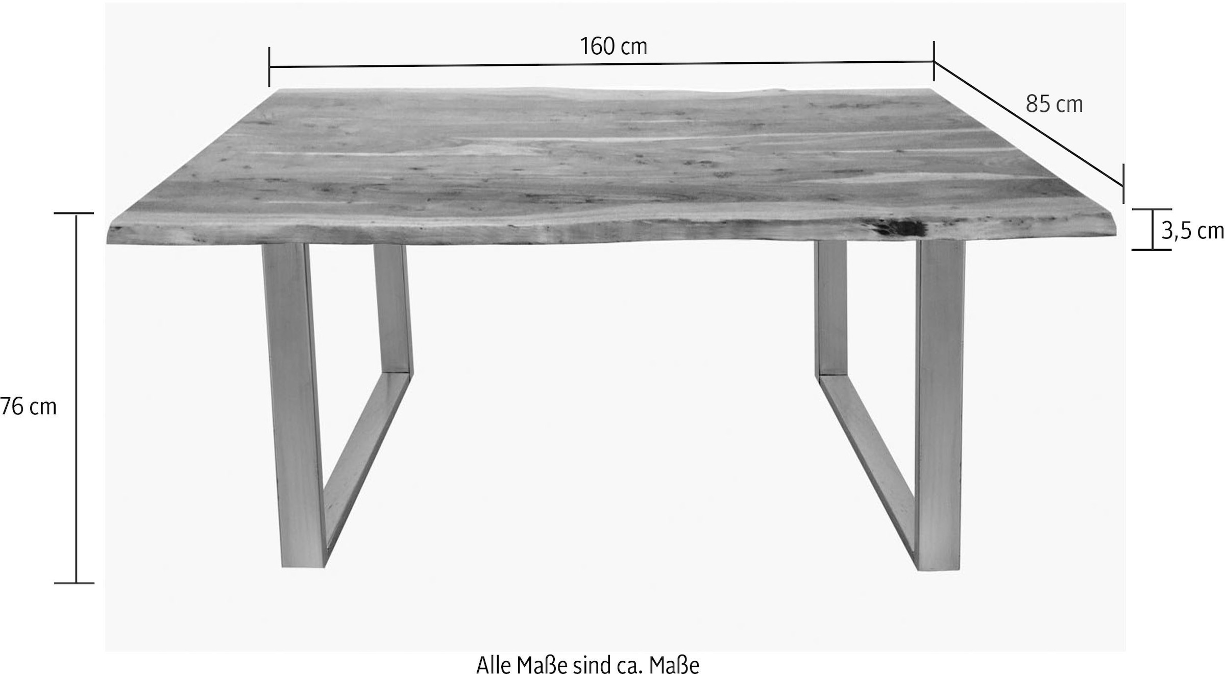 SIT Baumkantentisch »Bursa Akazie Massivholz Esstisch mit Stahl-Kufengestell« Massive Akazie in Naturfarben mit Baumkante & Unikat