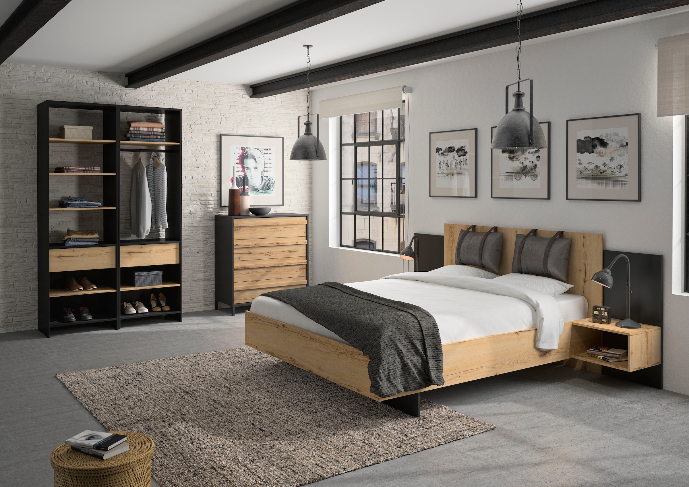 Gami Schlafzimmer-Set »Mimizan« Bett, 2 Kissen und inkl. 2x Nachttische, 1x Kleiderschrank, 1x Kommode, 6 Stk. tlg.