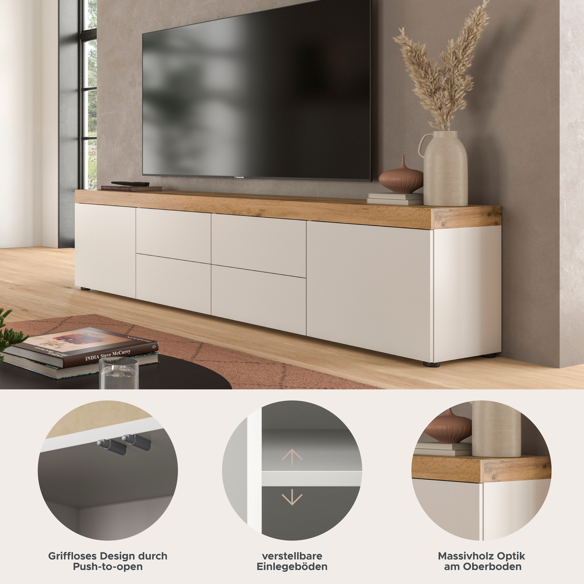 GOODproduct Lowboard »MAMBO, TOPSELLER!, Breite 200cm, 2 Türen, 4 Schubkästen, push-2-open« 2 farbige Ausführung, in verschiedenen Farben erhältlich, 1 Stk. tlg. Lowboard, TV Unterschrank, Tv-Schrank, Wohnzimmer