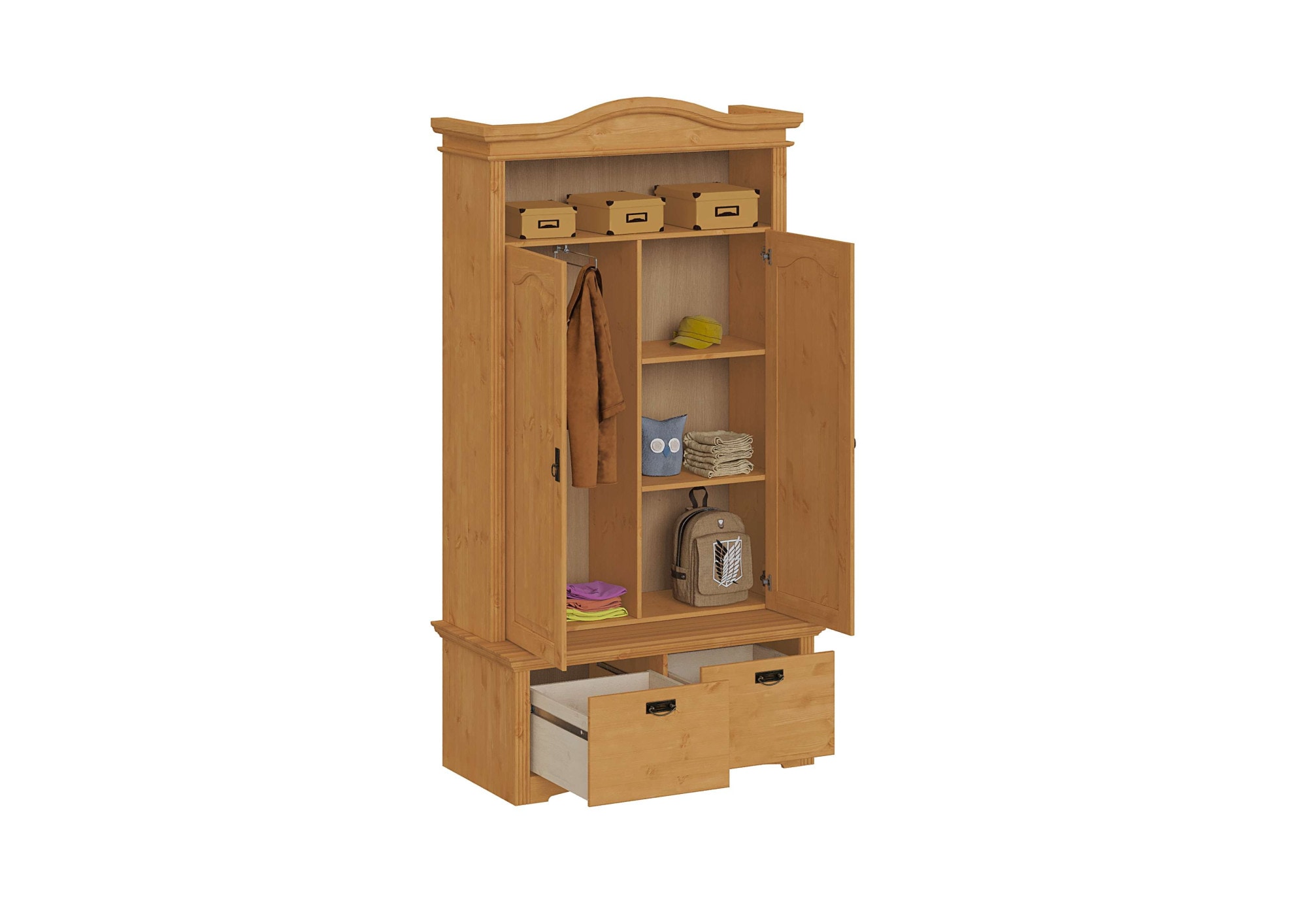 GOODproduct Wäscheschrank »Konrad, mit Bank, Garderobenschrank, Schubladen, Massivholz« H/B/T mit Bank ca. 206/110,5/70 cm,  viel Stauraum, langlebige Qualität, ausziehbare Kleiderstange