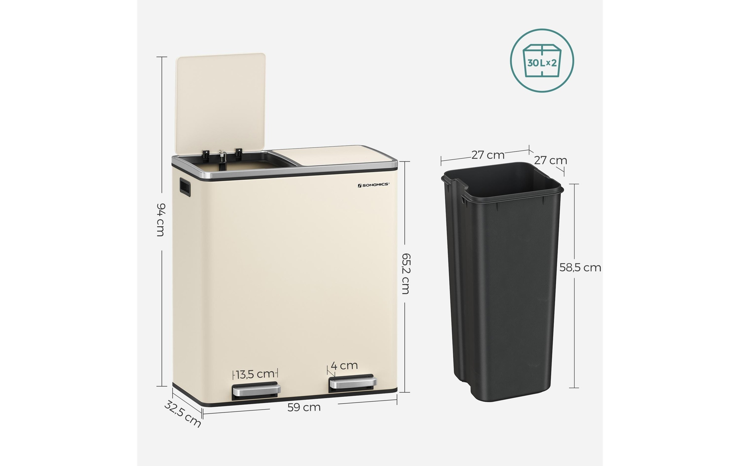 SONGMICS Poubelle »60 l« 2 Behälter