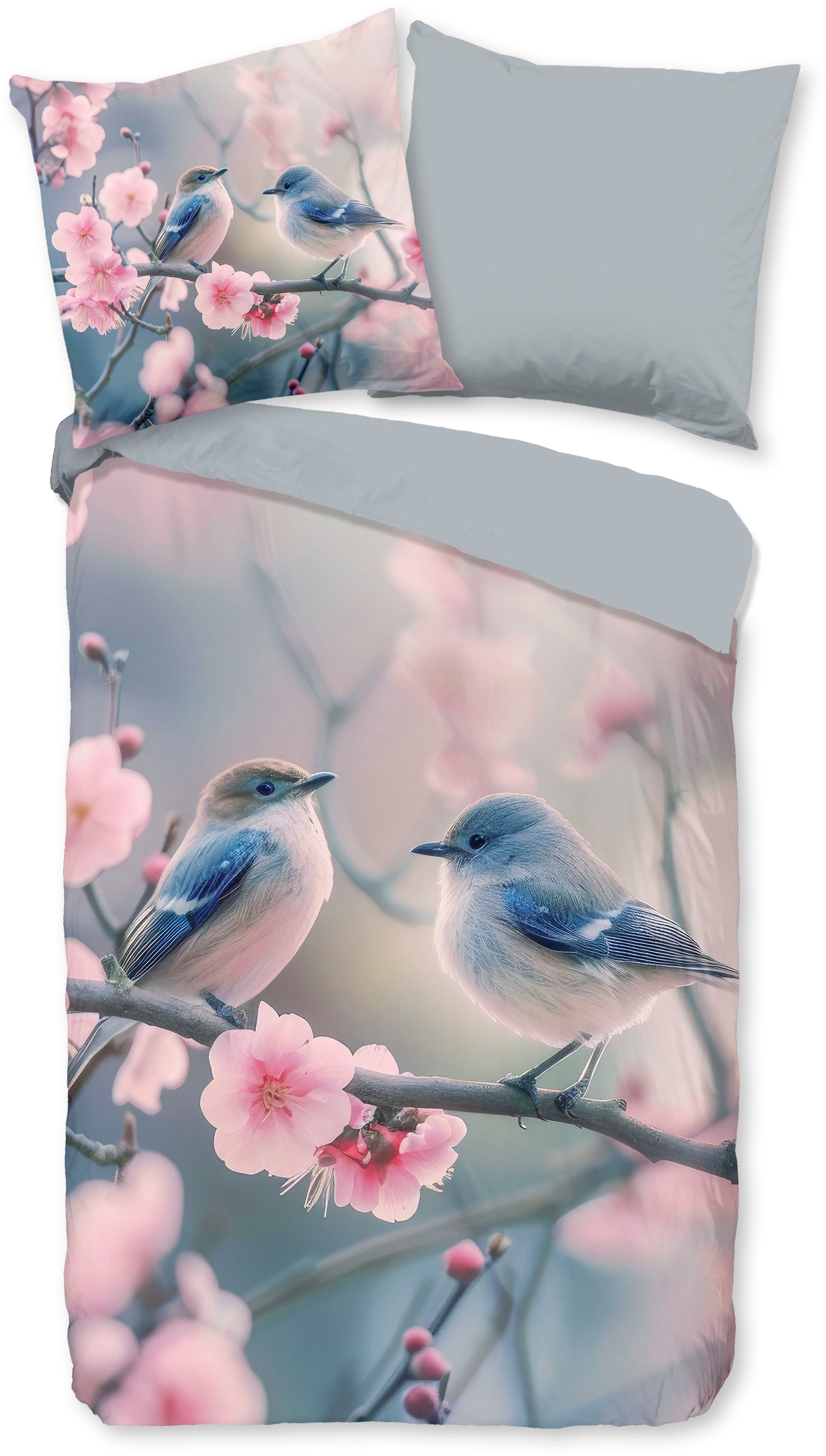good morning Linge de lit réversible »Hannu« 2 cuis tlg. 100% Baumwolle, Renforcé, Reissverschluss, Wendeoptik, Vogel, Blume