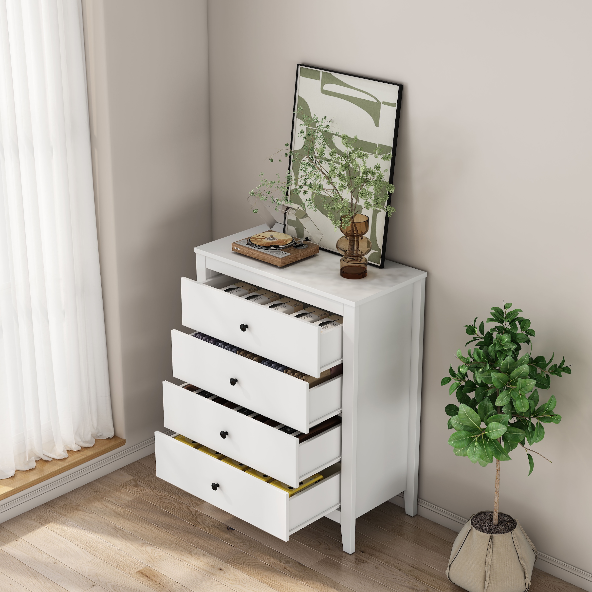 GOODproduct Schubkastenkommode »Borkum Sideboard mit 4 Schubladen Bestseller Landhaus weiss« hochwertige schwarze Griffe aus Metall, 