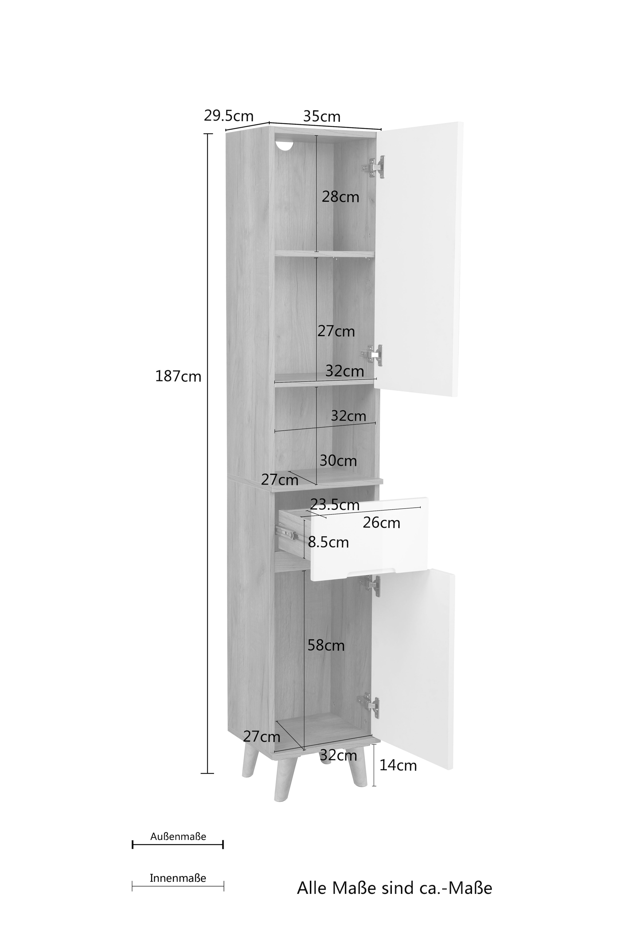 welltime Hochschrank »Lund Badschrank skandinavisches Design mit viel Stauraum« Badmöbel, 2 Türen und 1 Schublade, Breite 35cm
