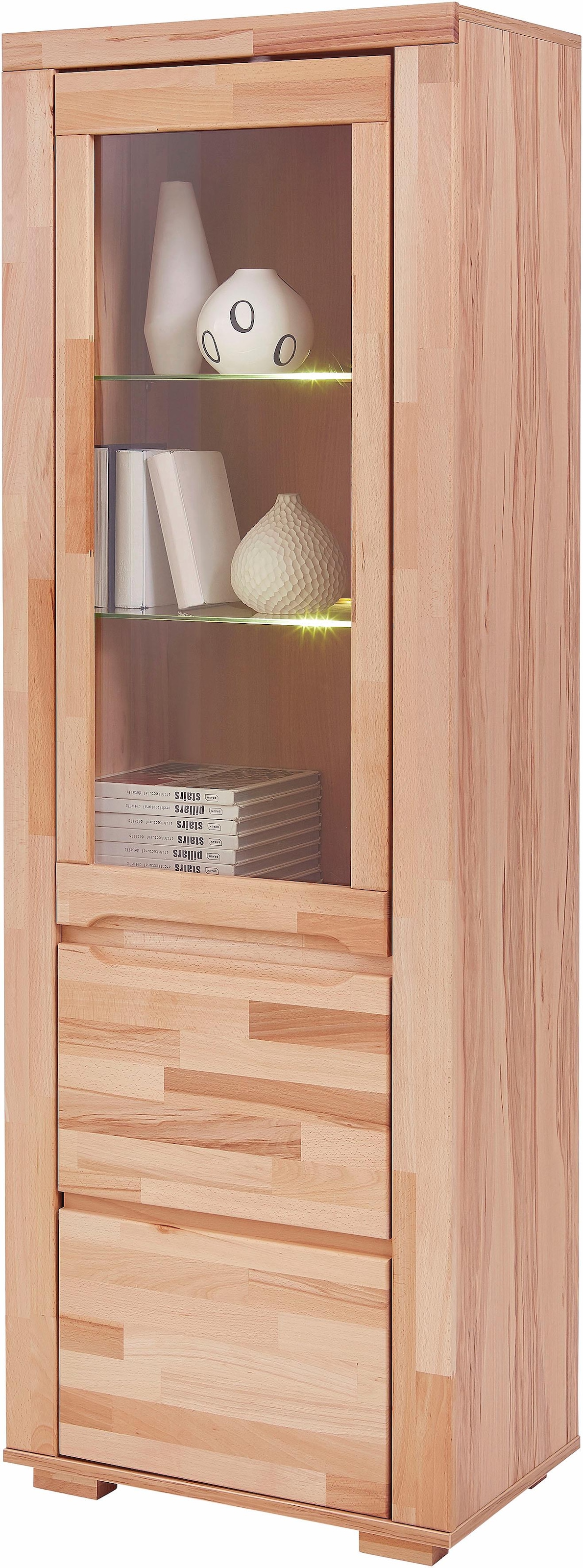 GOODproduct Vitrine »DENIS75, 5 Fächer, Teilmassiv, 1 Tür mit Glaseinsatz, grifflos« B/T/H:65/40/190cm, Einlegeboden teilwese verstellbar, Kernbuche geölt.