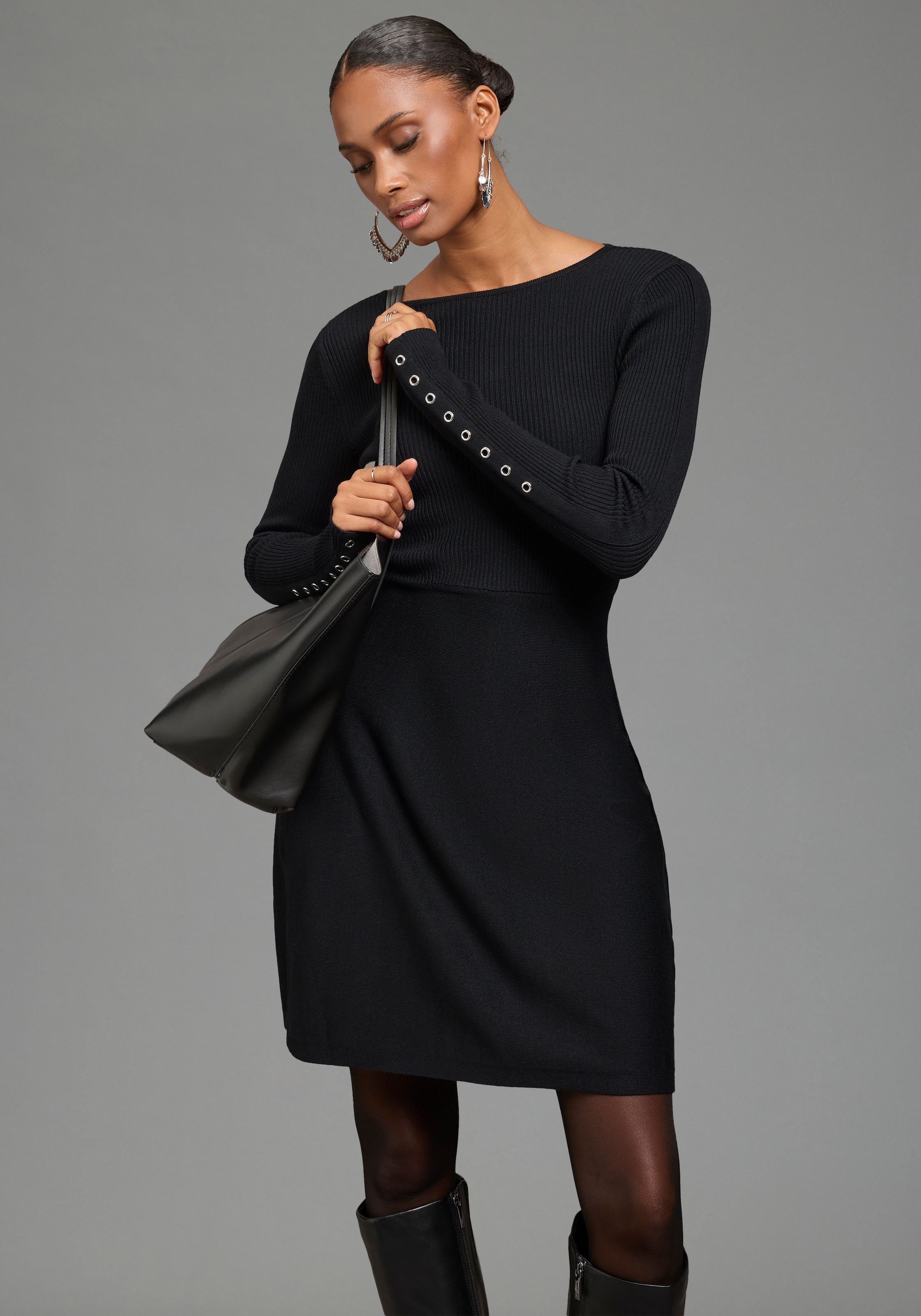 Bruno Banani Strickkleid »mit Ärmeldetail« Ohne Taschen und ausgestelltem Saum, U-Boot-Ausschnitt