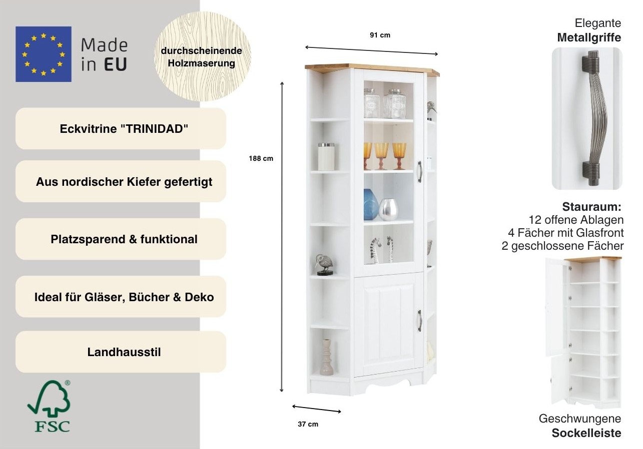 GOODproduct Eckvitrine »Trinidad Eckschrank, 2 Türen, 1 davon mit Glaseinsatz, Metallgriffe« aus massiven Kiefernholz mit 18 Fächern und dekorativen Fräsungen