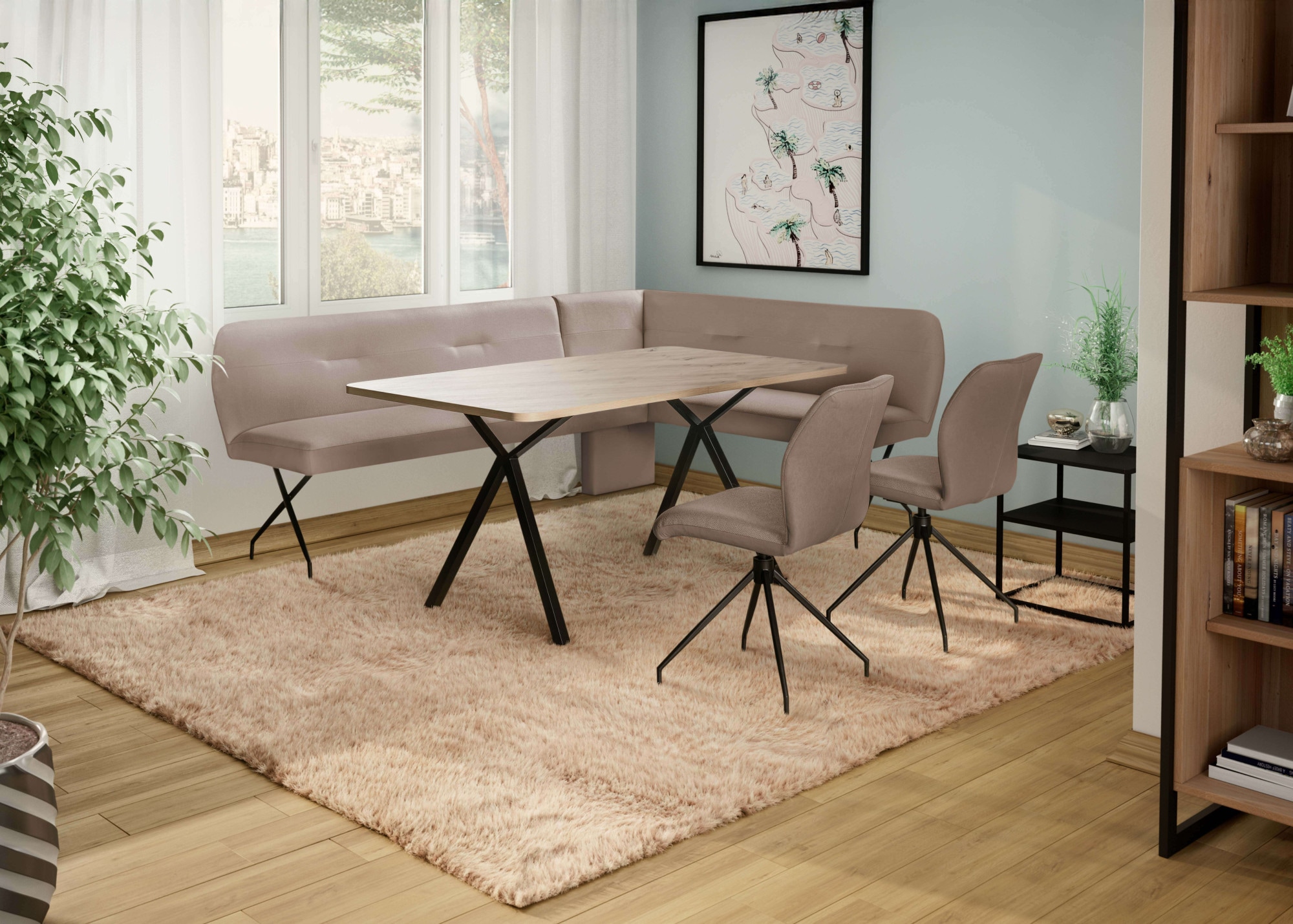 GOODproduct Ensemble de bancs d'angle »Bruna Essecke, Sitzgruppe, Eckbankgruppe, Küchenbankgruppe« Ensemble, 4tlg, 4 pièces tlg. Stuhl: 360° drehbar (Rückst.), 2-Stoff-Design. Wellenfederung Eckbank