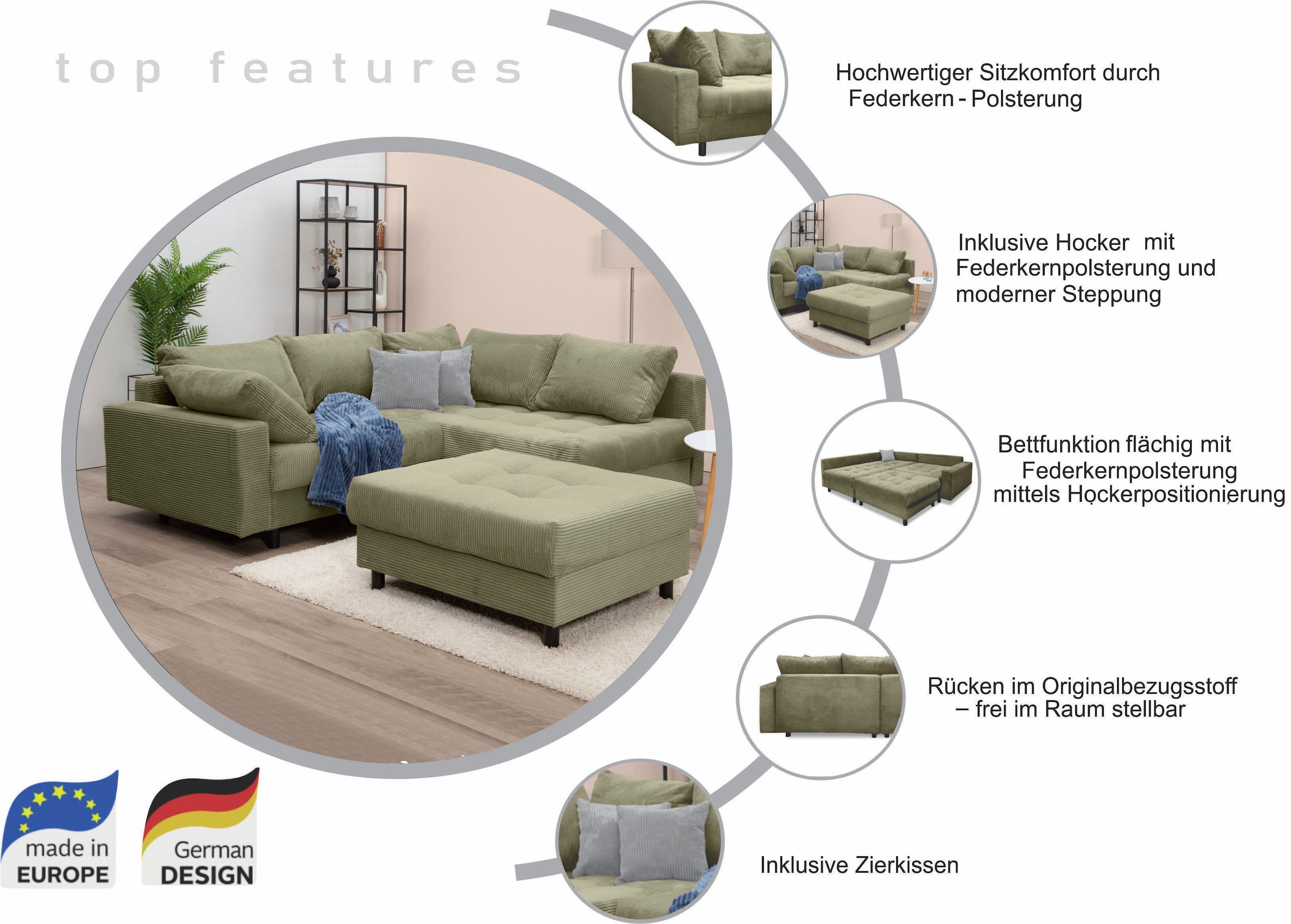 COLLECTION AB Canapé d'angle »Antonia L-Form, B: 215 cm« Ecksofa, Rückenkissen, ottomane beidseitig montierbar, Bonnelfederkern