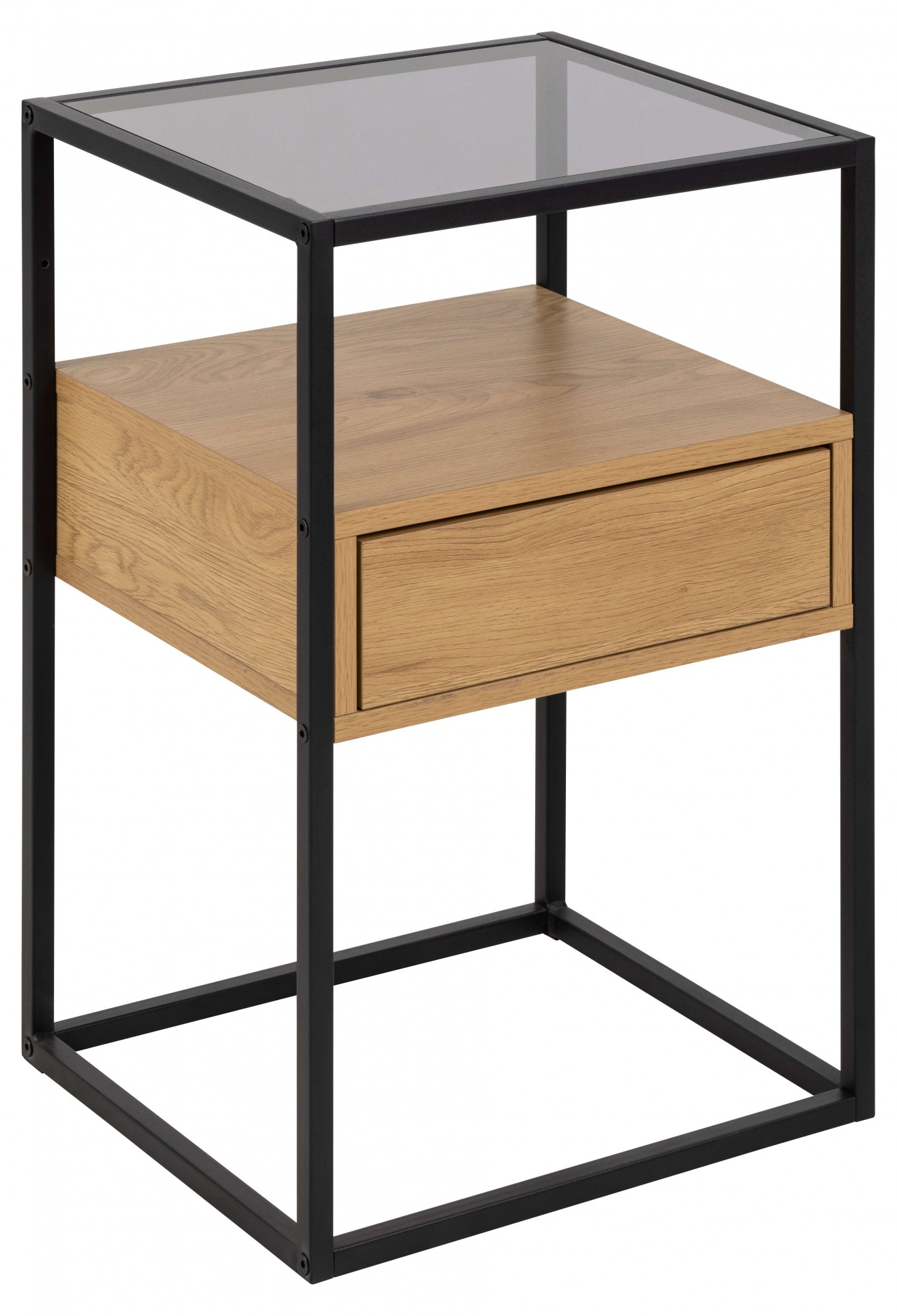 ACTONA GROUP Nachttisch »Randolf, Nachtschrank, skandinavisches Design, gehärtetes Rauchglas« Schublade in Holzoptik mit Push-to-Open-Funktion, Stahlbeine, B: 40 cm