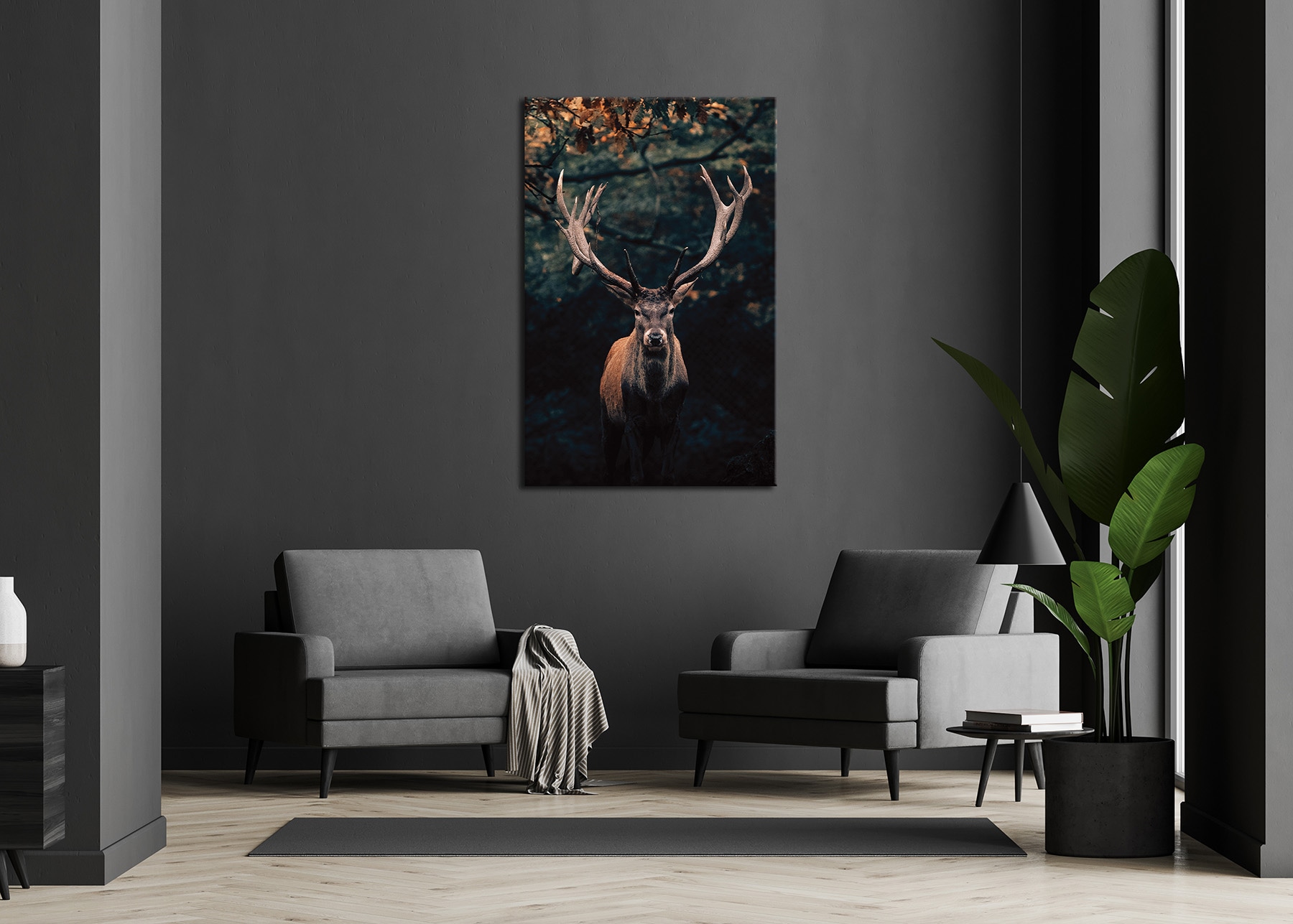 Bönninghoff Tableau sur toile »Wandbild HIRSCH IM WALD 78x118 cm – Leinwandbild Keilrahmen Deko« Cerf 1 cuis tlg. tendu sur châssis