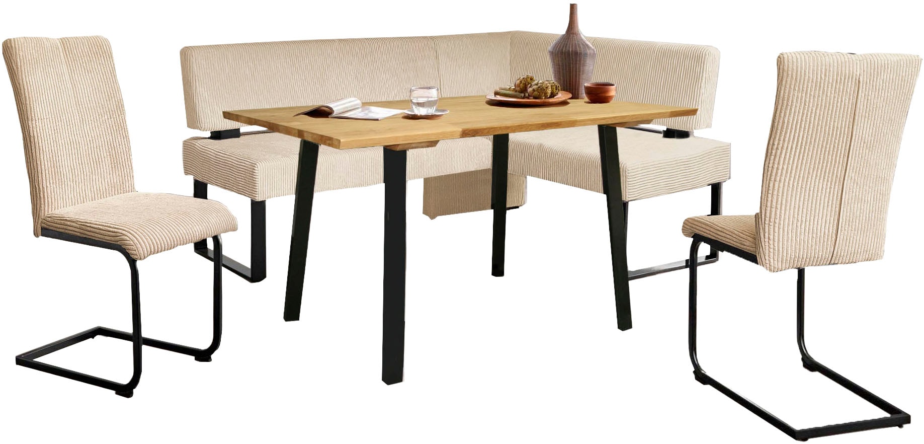 GOODproduct Ensemble de bancs d'angle »Oliver« Set, 4-tlg, 4 cuis tlg. Eckbank mit Wellenunterfederung im Sitz, Tisch Massiv Eiche