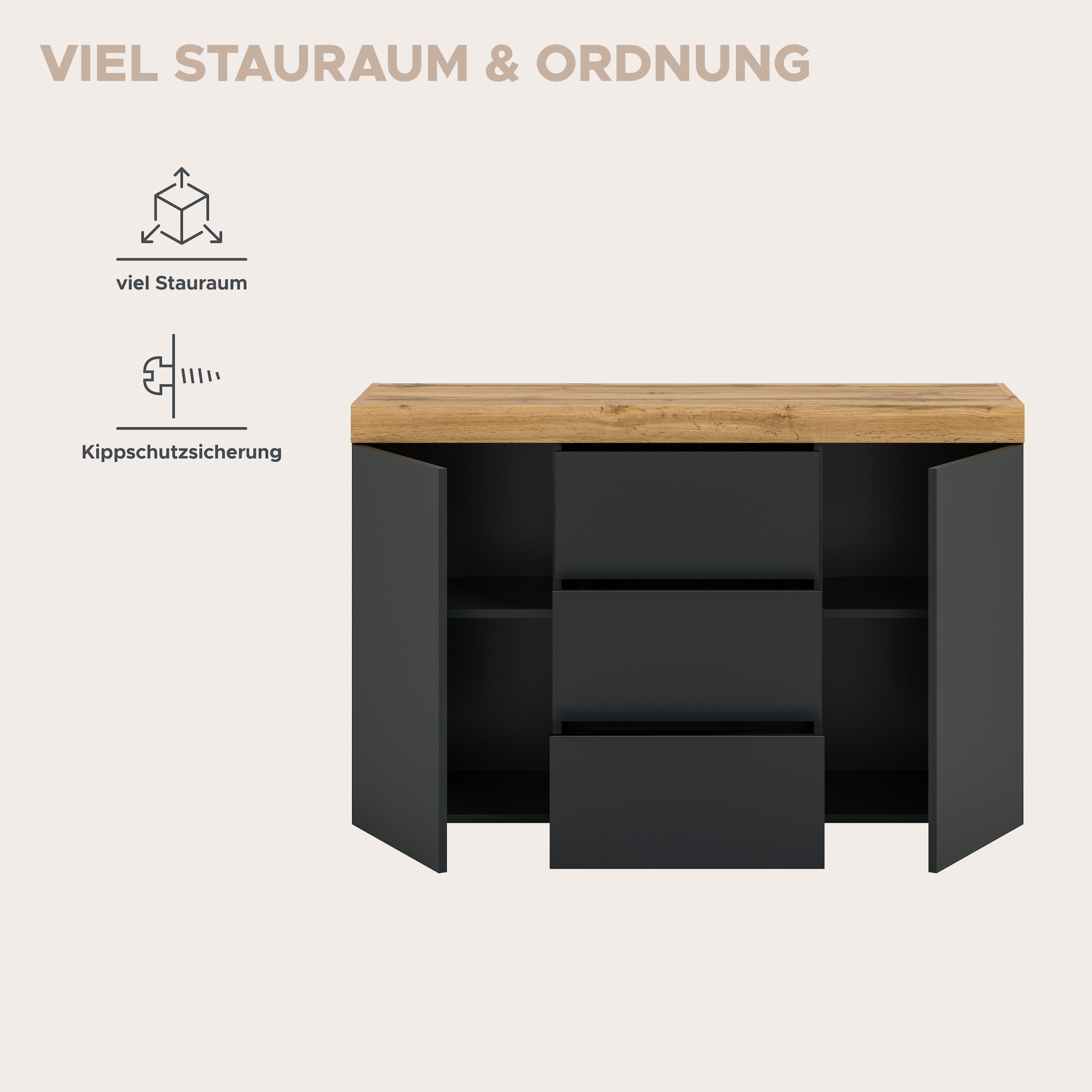 GOODproduct Sideboard »MAMBO, TOPSELLER!, Breite 125cm, 2 Türen, 3 Schubkästen, push-2-open« 2 farbige Ausführung, in verschiedenen Farben erhältlich, 1 Stk. tlg. Sideboard, Kommode, Wohnzimmer, Flur, Arbeitszimmer