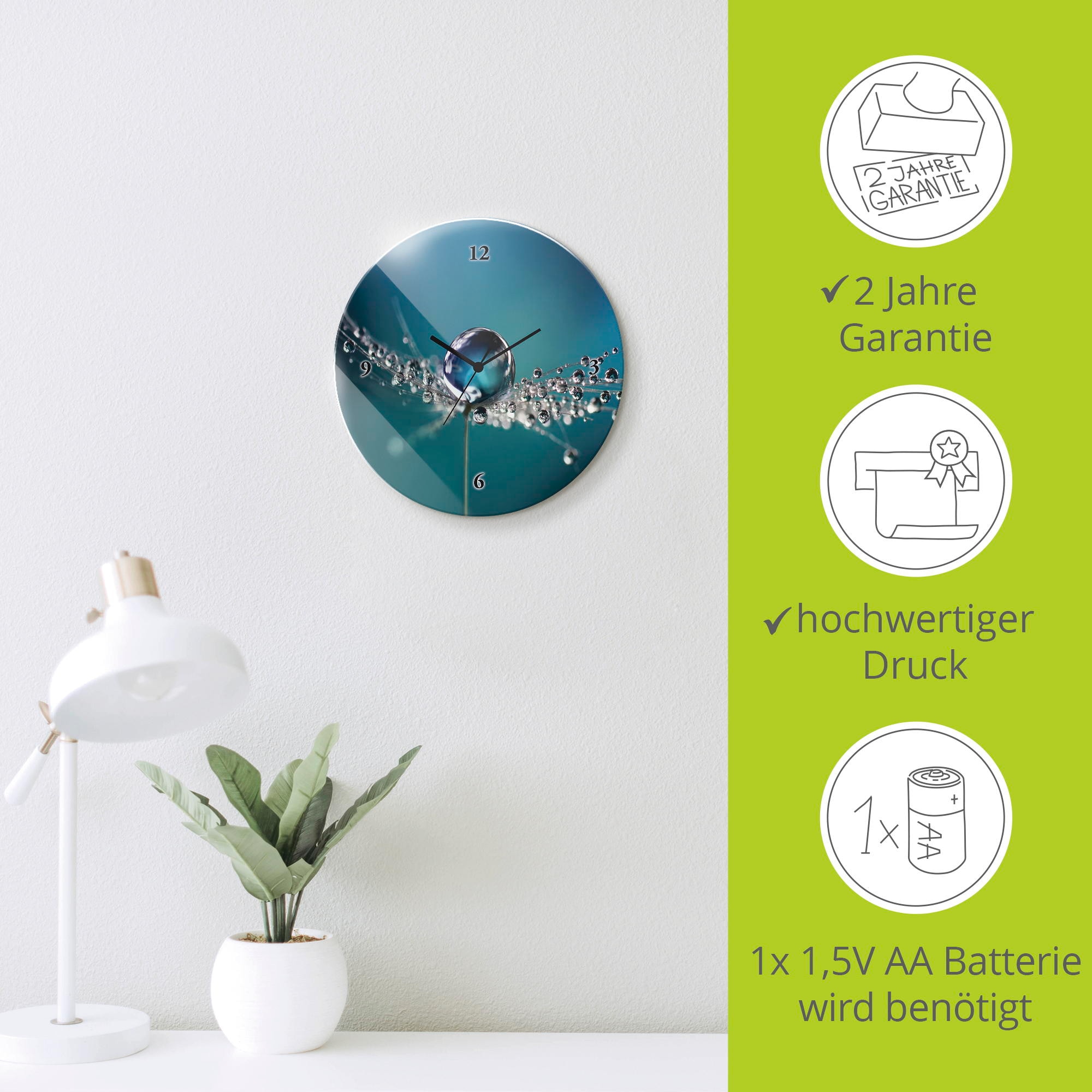 Artland Wanduhr »Glasuhr rund Pusteblume Tautropfen blau« wahlweise mit  Quarz- oder Funkuhrwerk, lautlos ohne Tickgeräusche