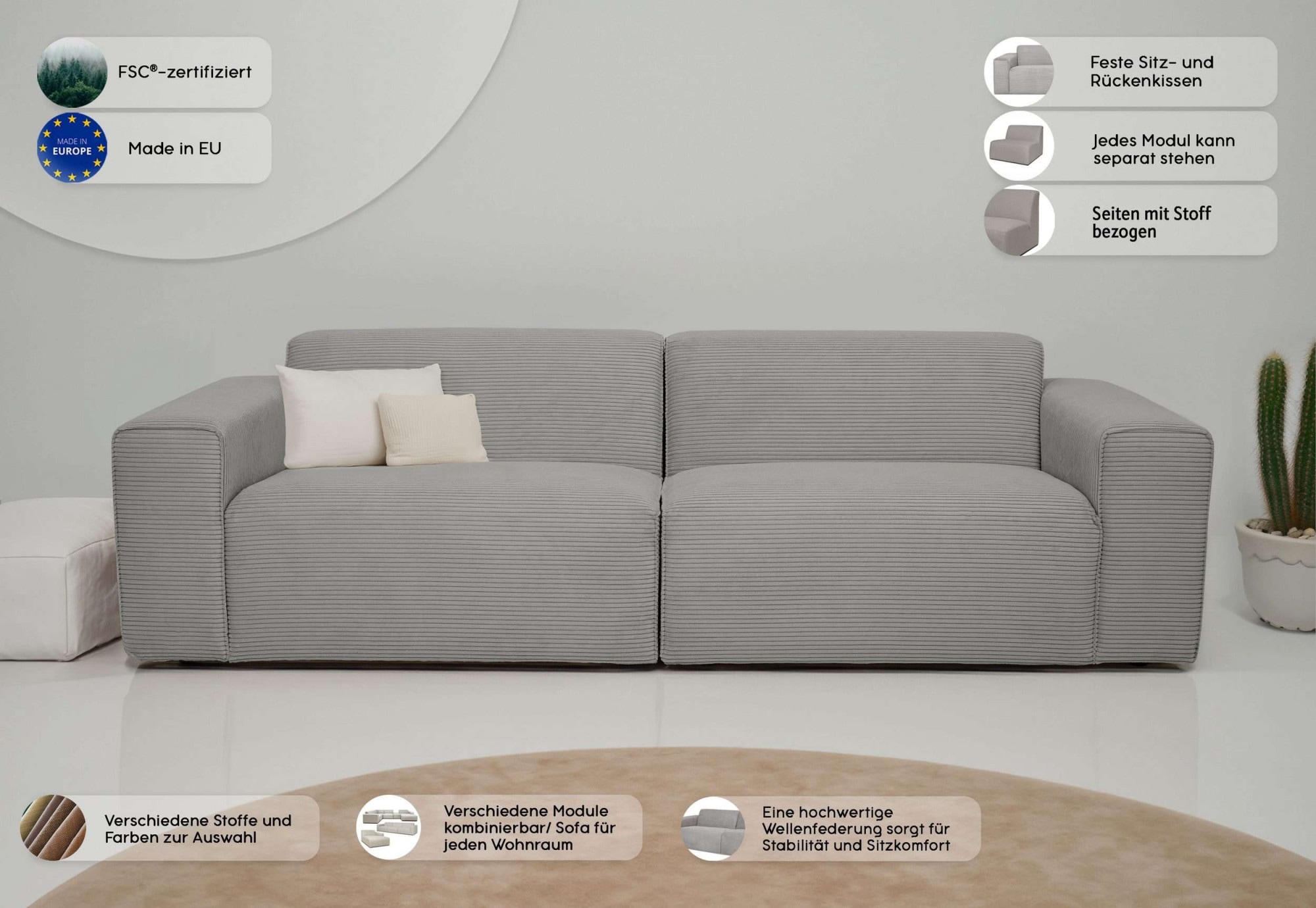 GOODproduct 3-places »Koa, 228 cm, Modulsofa in Cord, Chenille, Struktur, Webstoff« Designsofa, weicher Lounge-Sitzkomfort, Welleunterfederung, bodentief