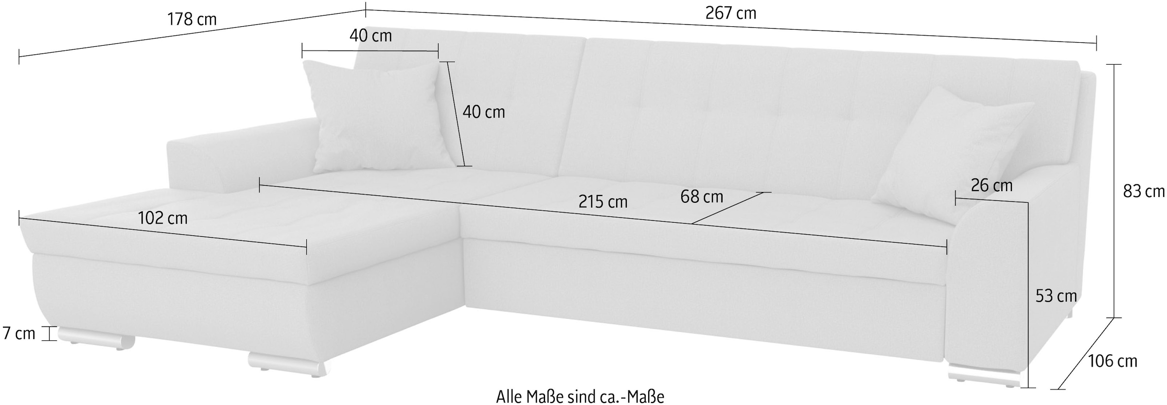 DOMO collection Canapé d'angle »Treviso viele Bezüge, auch in Cord, L-Form, B/T/H: 267/80/83 cm« wahlw. mit Bettfunktion, inkl. Zierkissen, Unser Dauertiefpreis