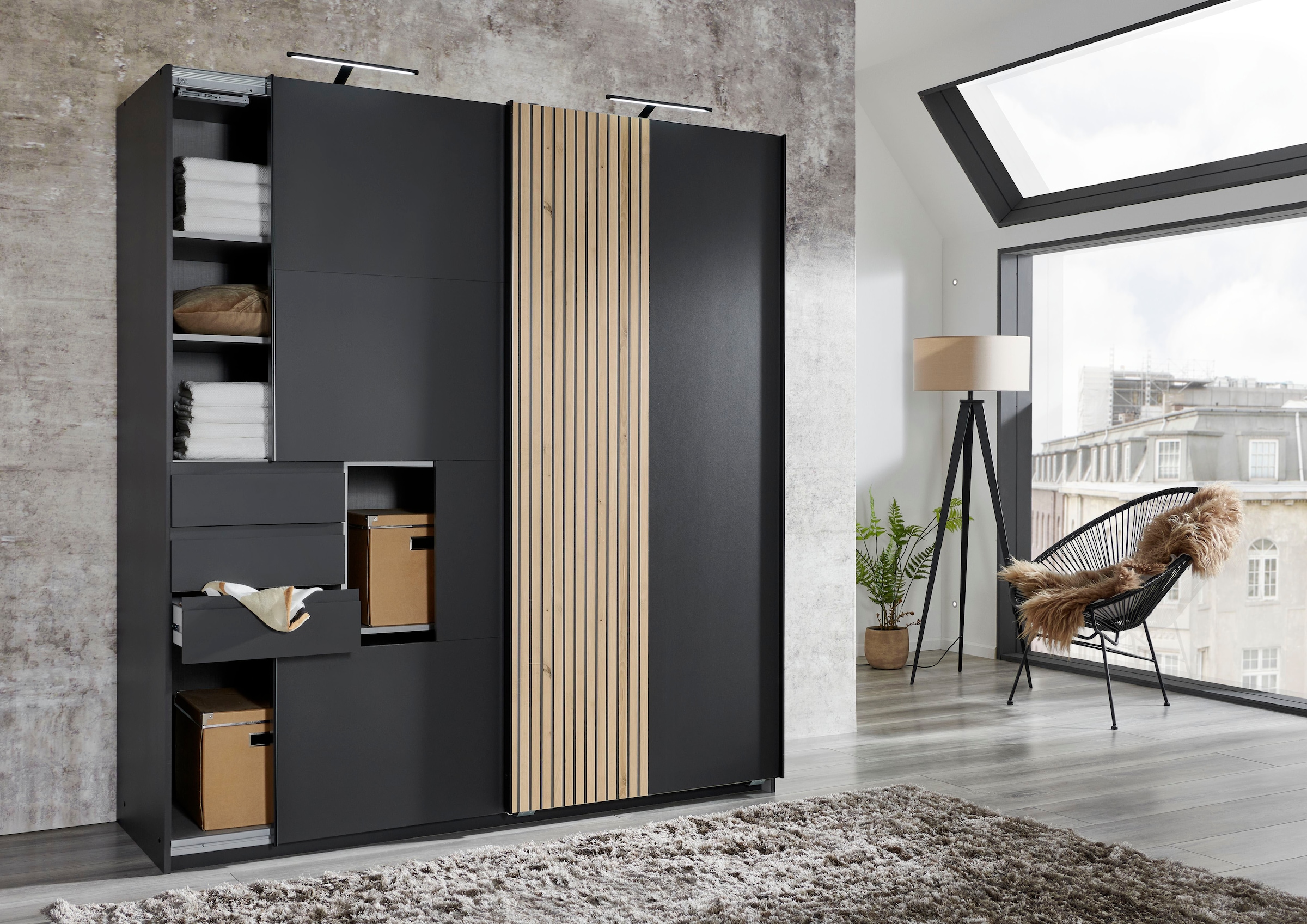 Wimex Armoire à portes coulissantes »Coburg, Kleiderschrank Made in Germany« mit Akustikpaneel Optik oder Holzoptik eichefarben, 180cm breit