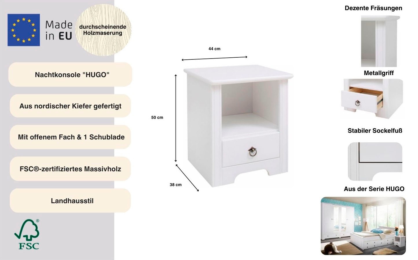 GOODproduct Nachtkonsole »Hugo« Nachttisch mit 1 Schublade, aus massiver Kiefer