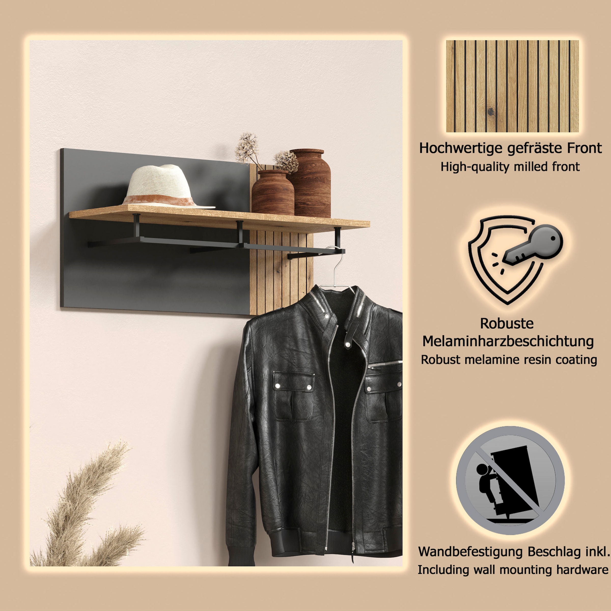 Home affaire Panneau de vestiaire »Estepona« 1 cuis tlg. Wandpaneel mit Hutablage und Kleiderstange - (B/T/H) 80/28/40 cm