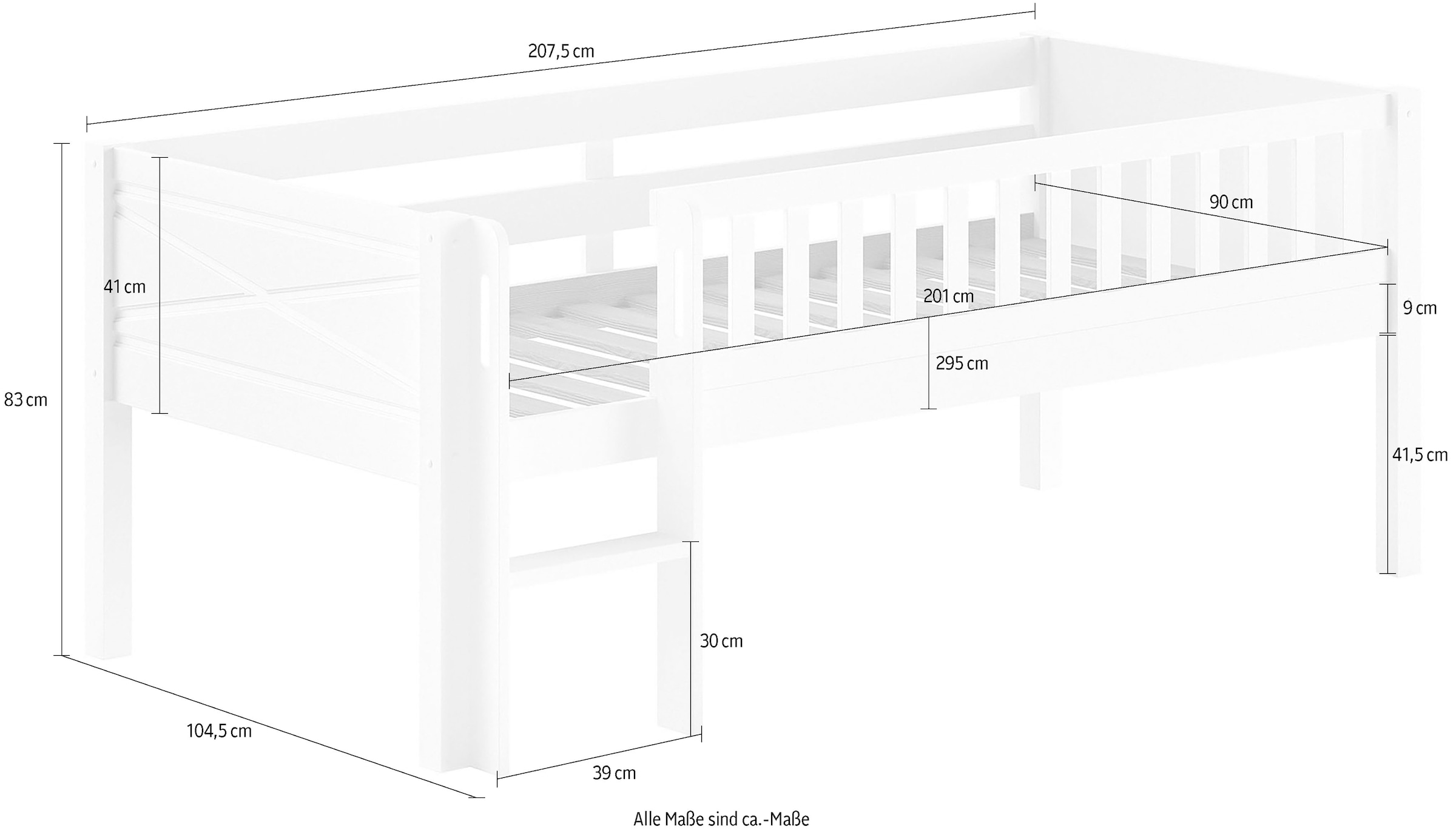 Vipack Lit de jeu »Scott mit niedriger Einstiegshöhe, inkl. Leiter und Rolllattenrost« en pin massif, blanc 90x200 cm, avec ou sans caissons roulants au choix