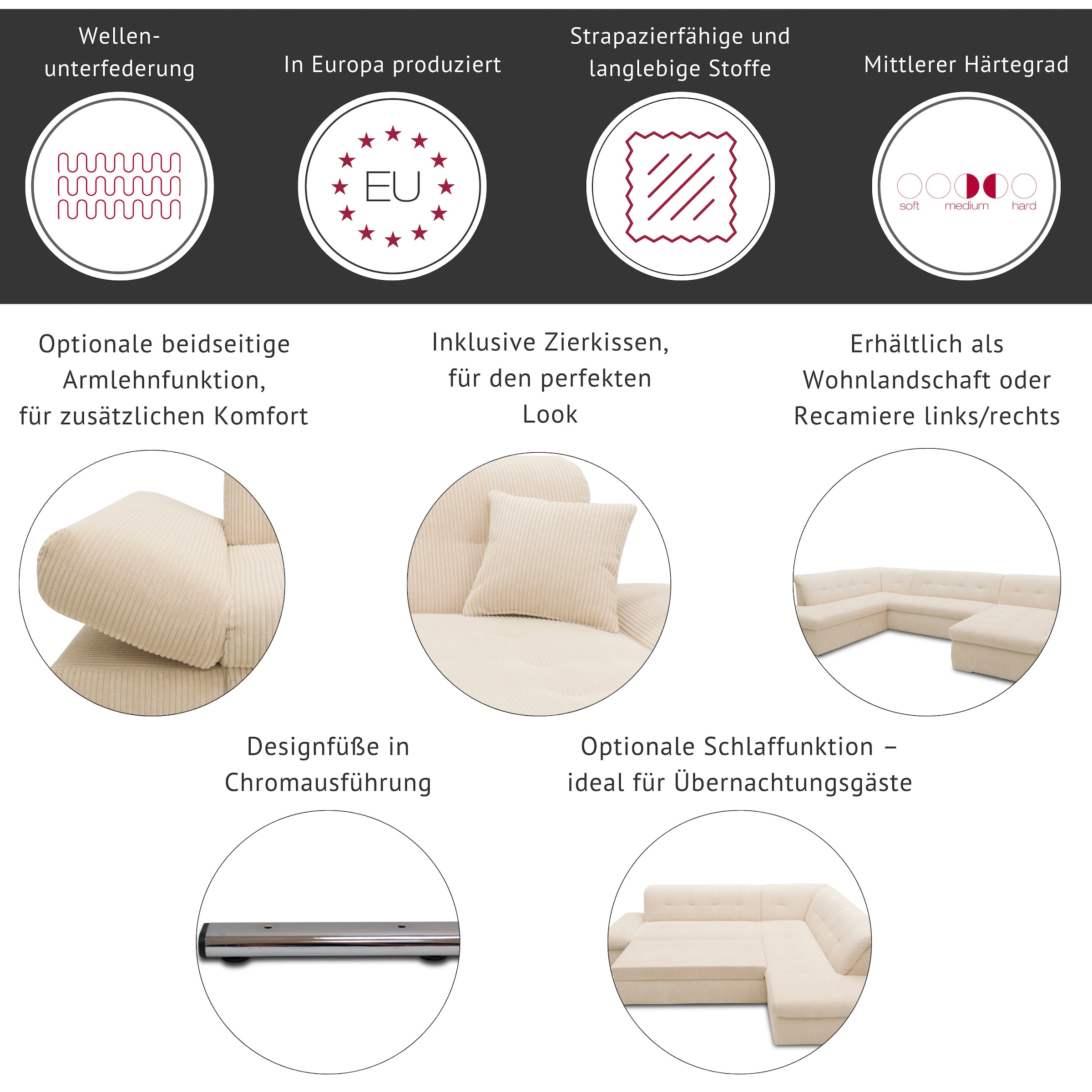 DOMO collection Ecksofa »Moric, L-Form, XXL-Sofa - Breite 300cm, viel Platz, auch in Cord« wahlweise mit Bettfunktion und Armteilverstellung, schwarz-silber