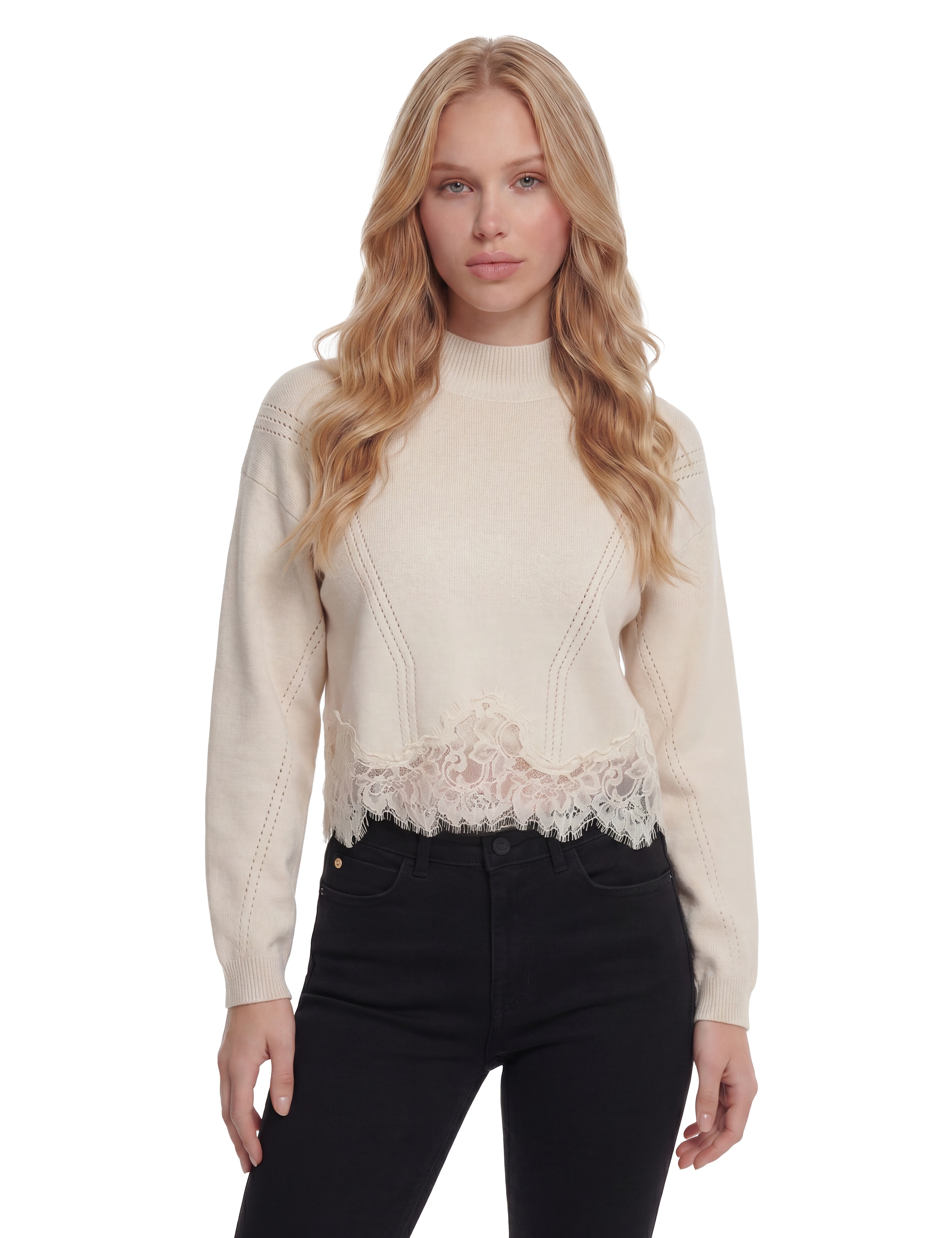 Guess Pull en tricot »LS MN HAYDEN LACE SWTR« mit Woll-Anteil, Spitzenbesatz
