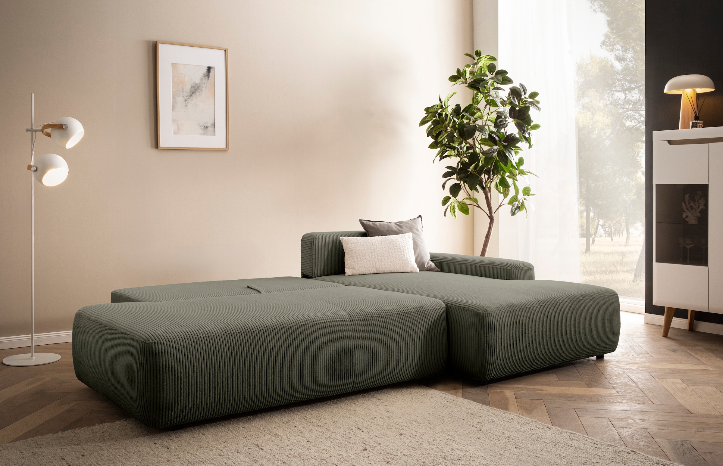 Home affaire Canapé d'angle »TORGE, Schlafsofa Cord, Samtvelours u. Strukur fein, Couch in L-Form« fonction couchage et coffre, surface de couchage : 210x125 cm, nouveau design